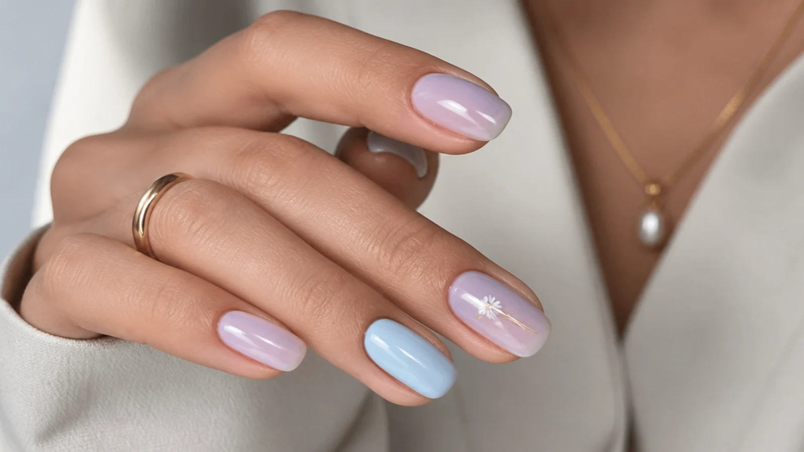 Milky sheer lilac nails with a soft blue accent nail