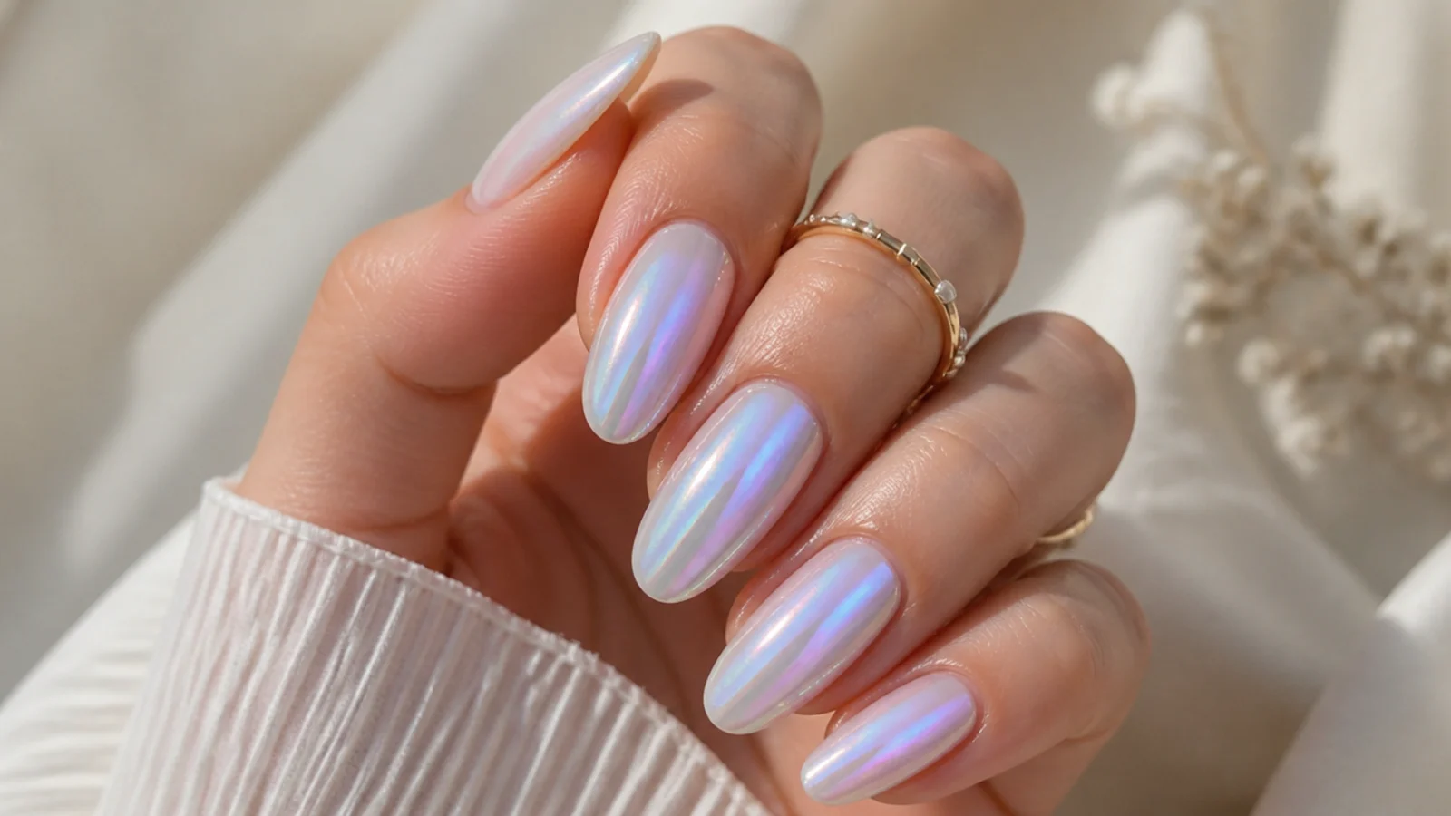 Pearly iridescent nails flashing light blue, lilac and pink