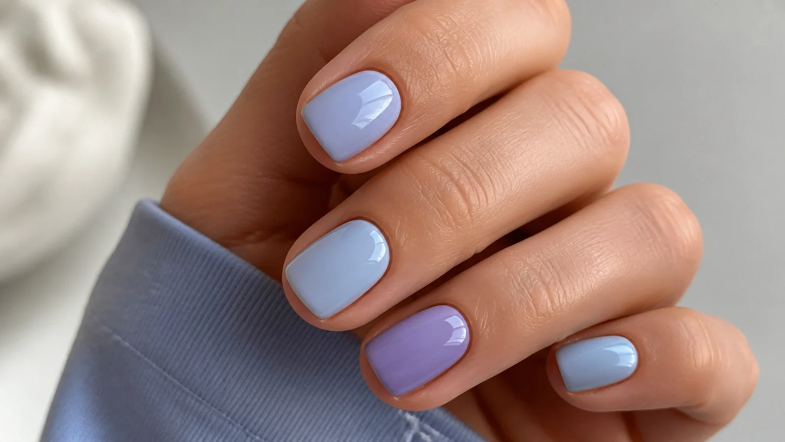 Short natural nails in mixed light blue and lilac solids