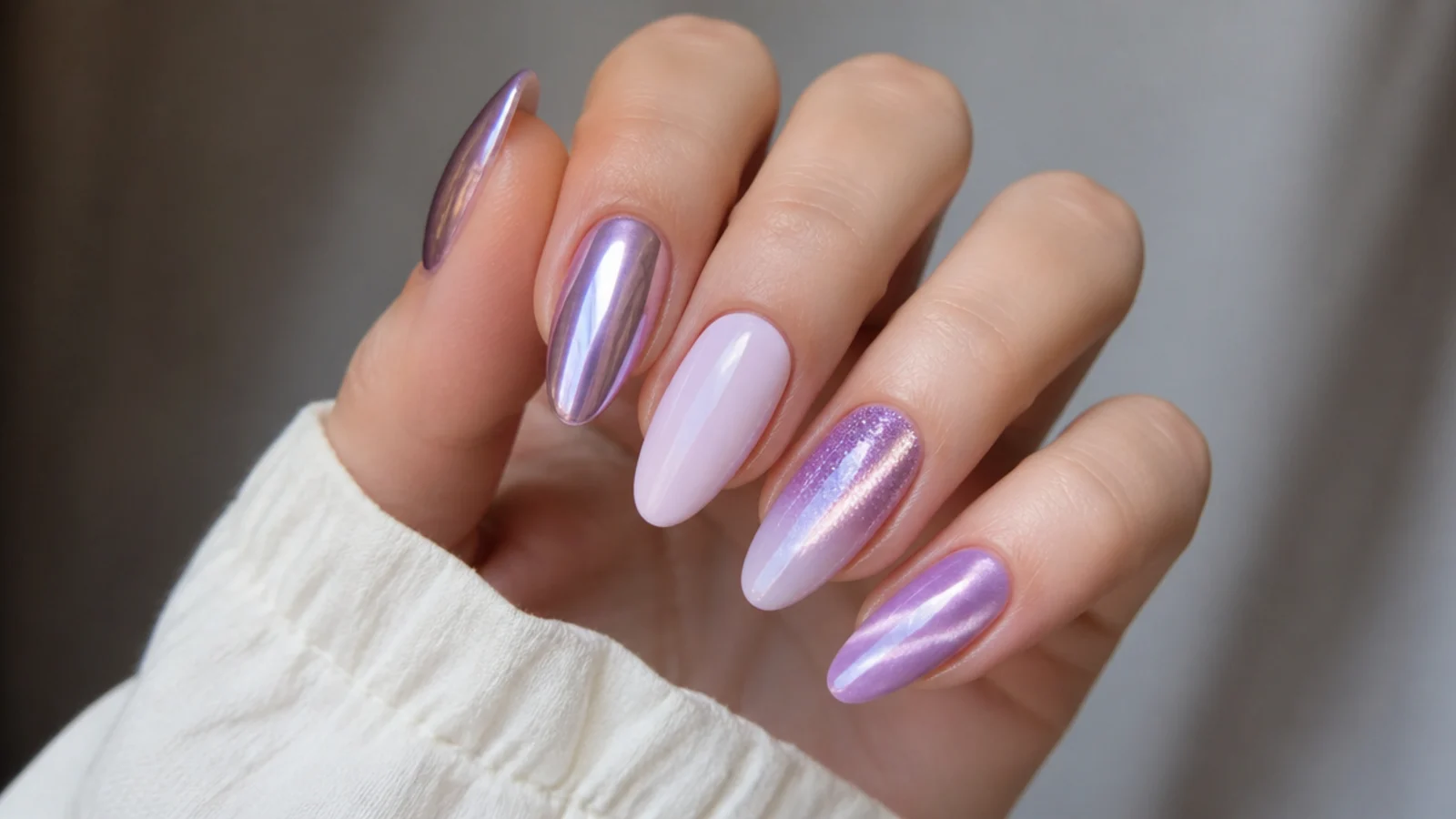Light purple nails shown in chrome, milky, glitter, ombre and cat-eye finishes