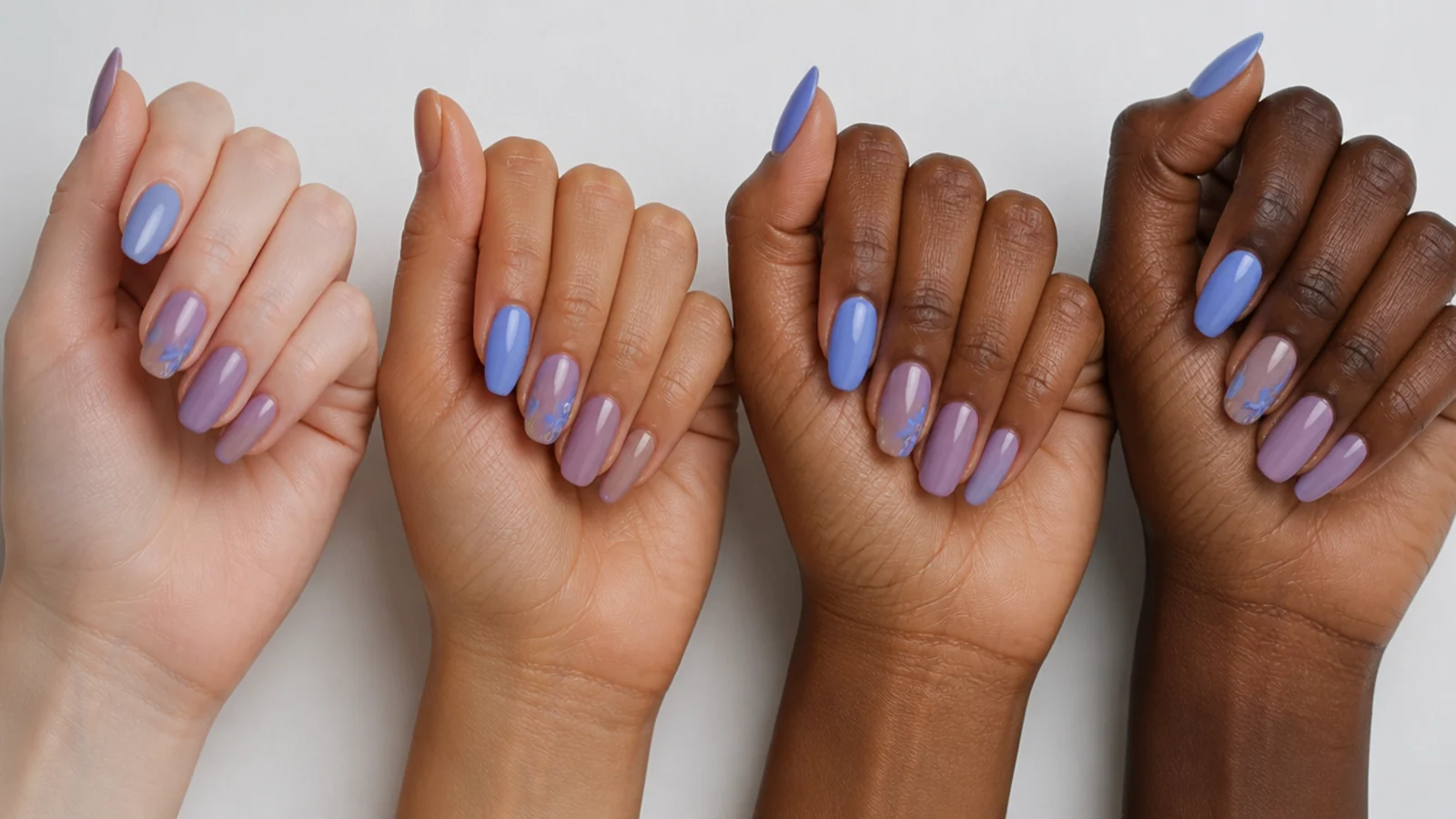 Light purple and blue swatches compared against different skin tones