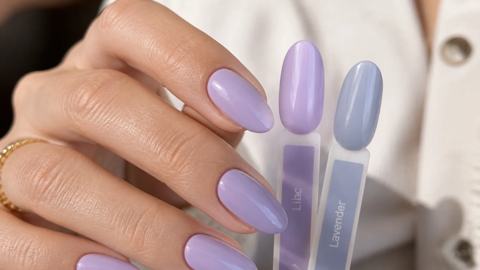 Light purple swatch next to a specific soft gray-blue lavender swatch