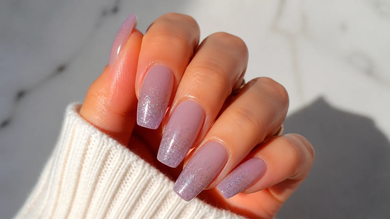 Sheer lilac acrylic nails with silver glitter fading up the tips