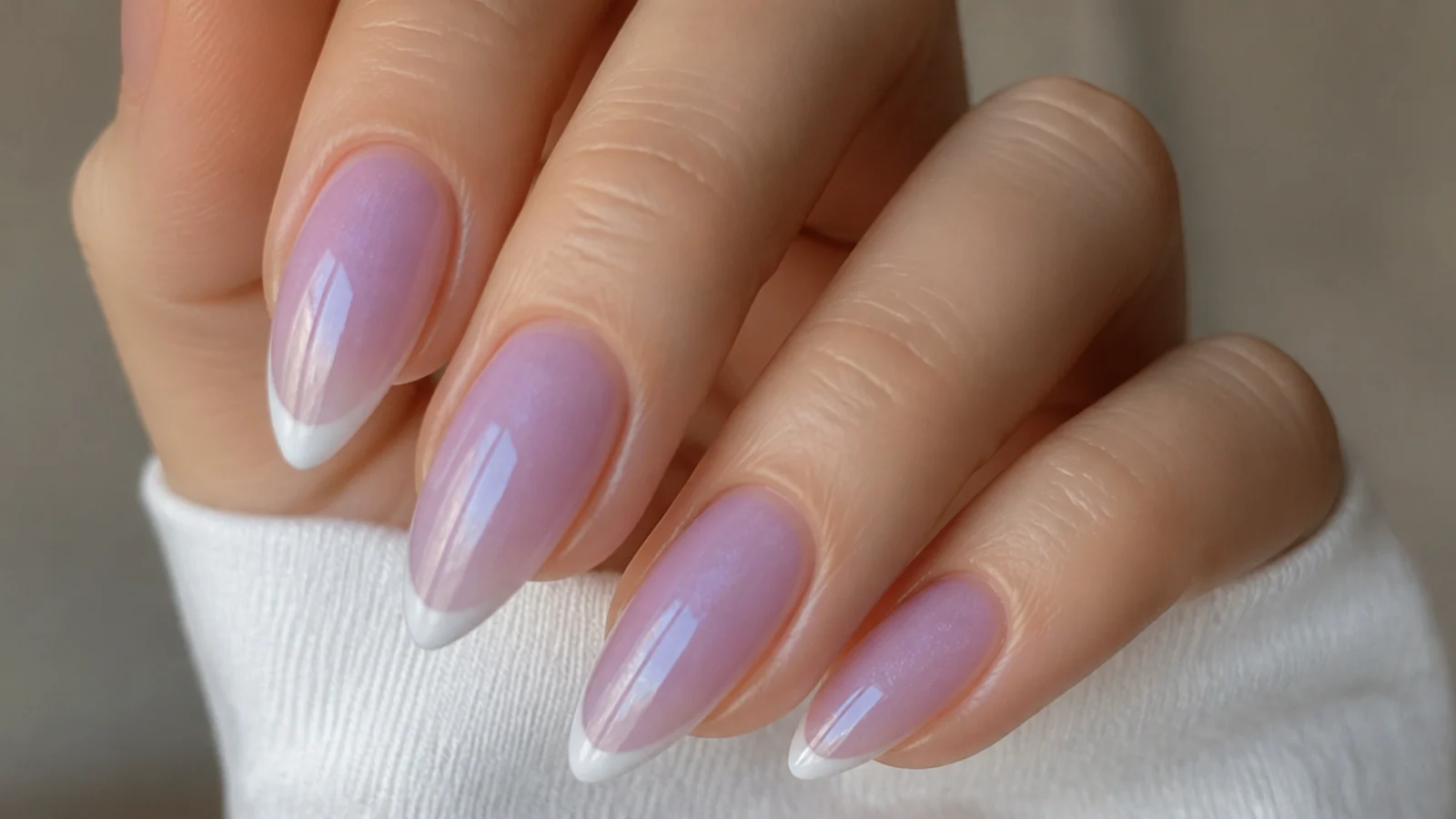 Sheer lilac acrylic nails with soft white French tips