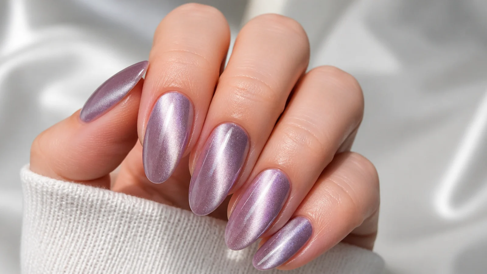 Light purple cat-eye acrylic nails with a magnetic light streak