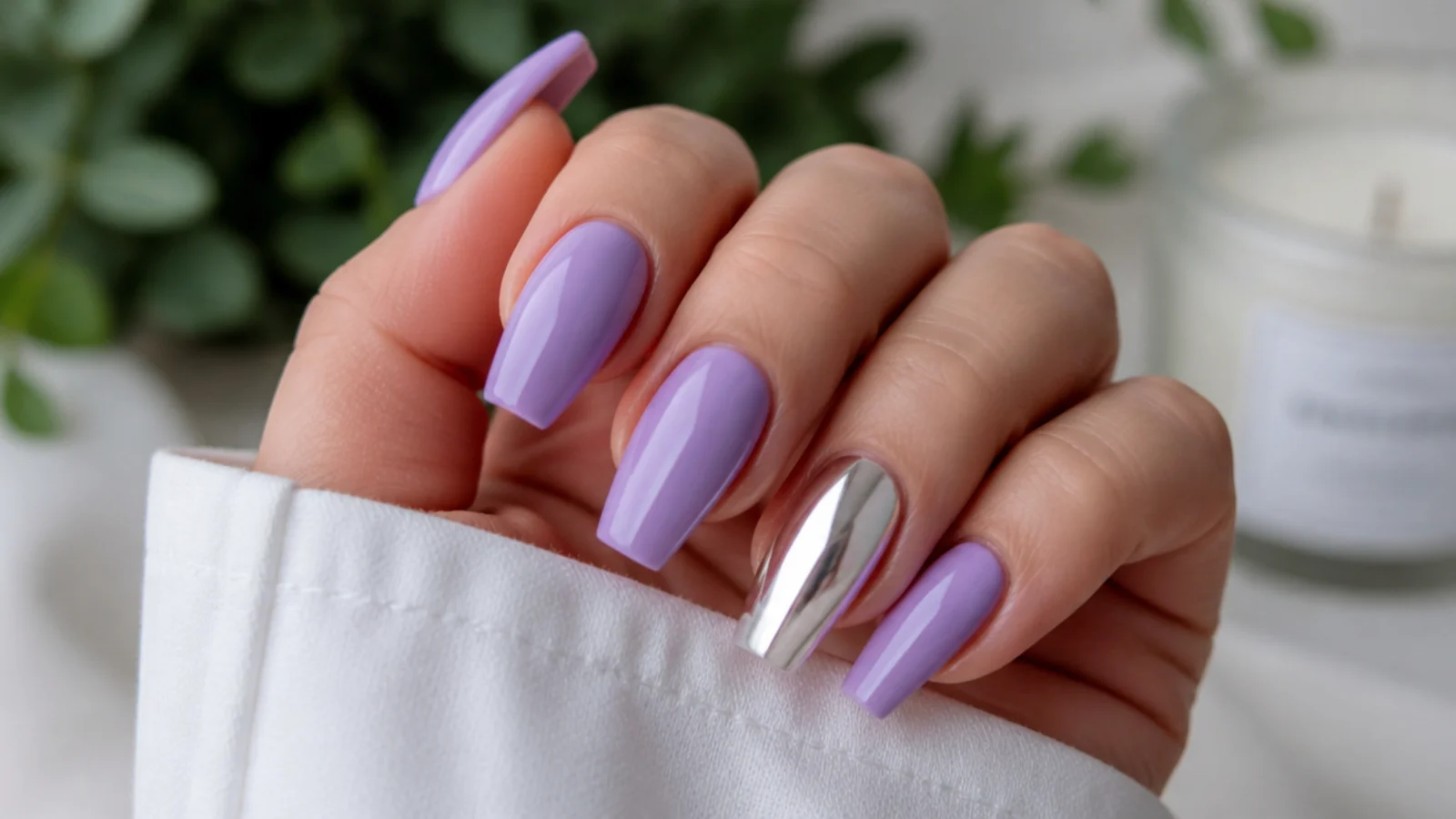 Light purple acrylic nails with one silver chrome accent nail