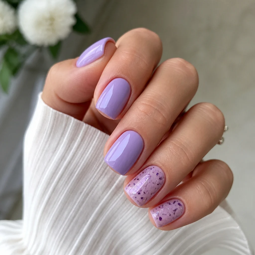Short square light purple acrylic nails, neat and glossy