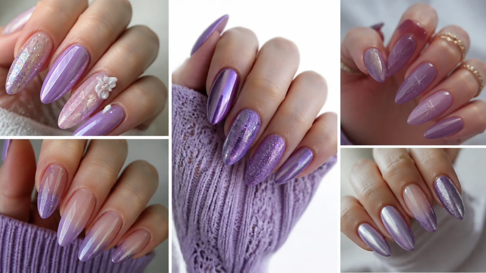 Light purple nails in chrome, milky, glitter, ombre and cat-eye finishes
