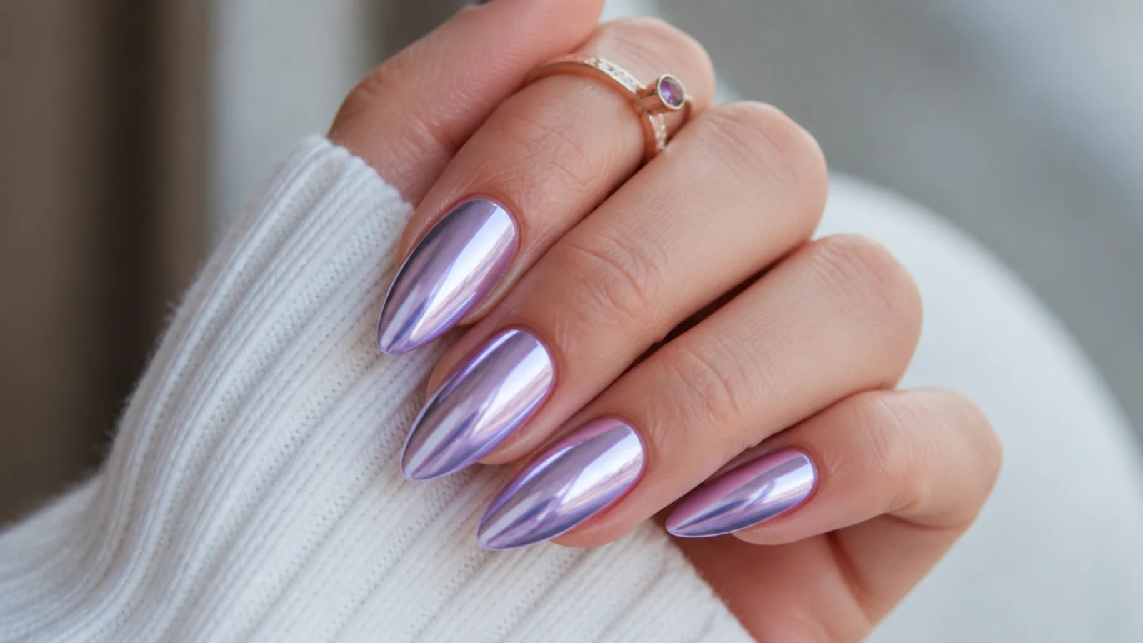 Reflective lilac chrome almond nails with a mirror metallic shine