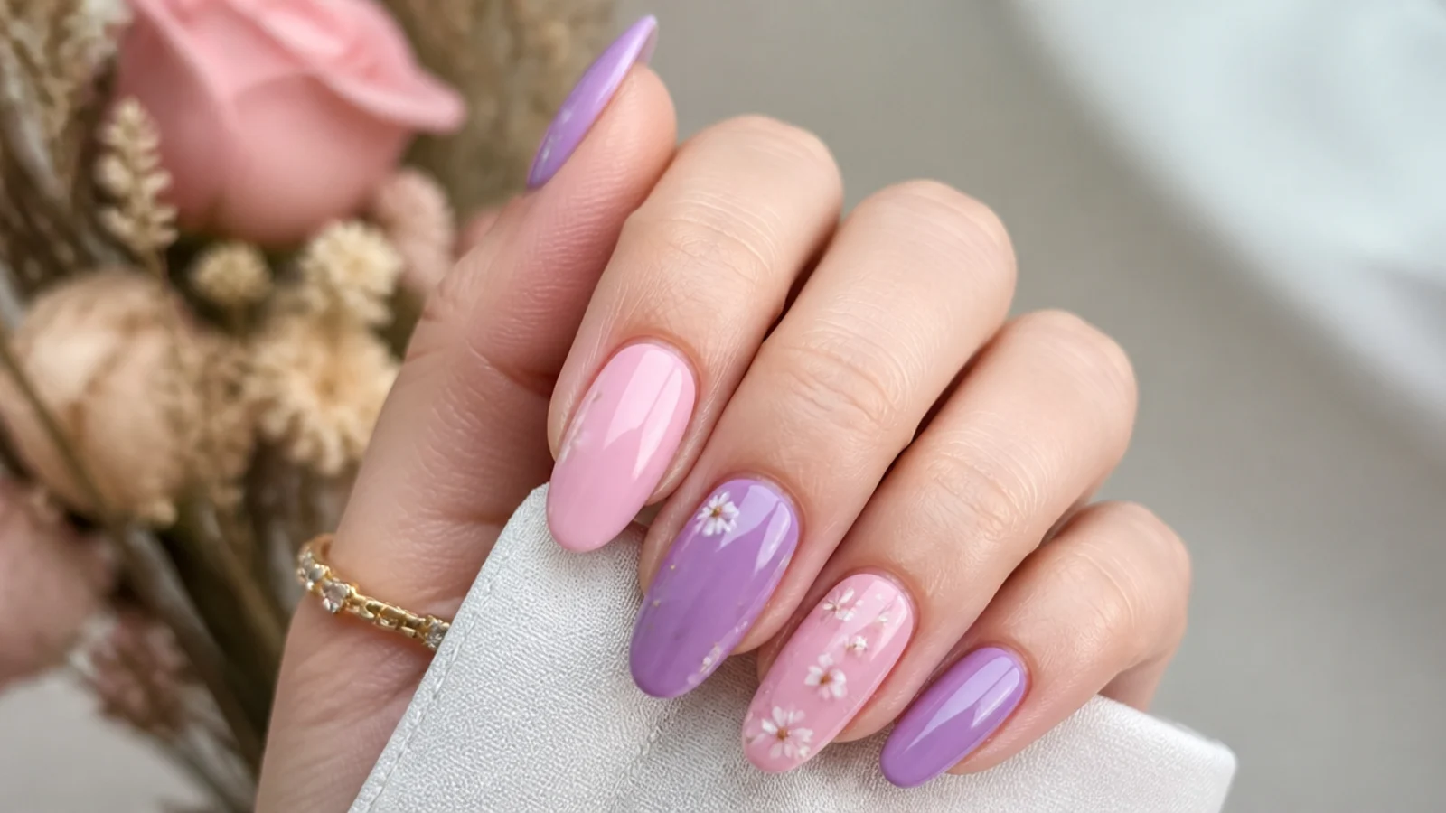 Alternating soft pink and light purple almond nails in a warm pastel mix
