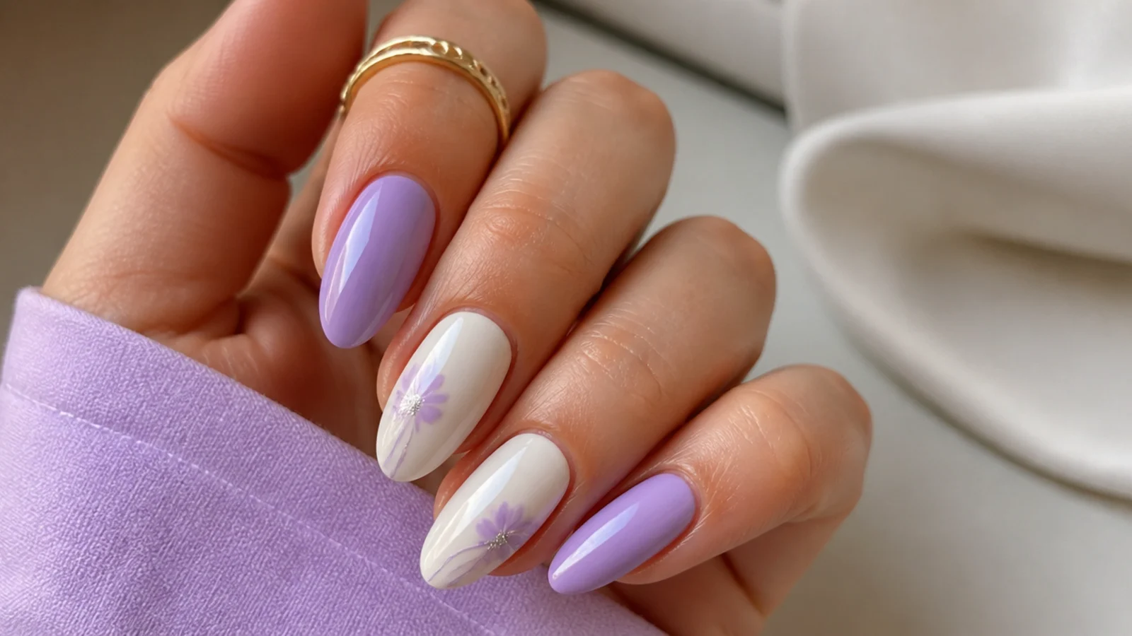 Light purple and soft white almond nails in a clean pastel combo