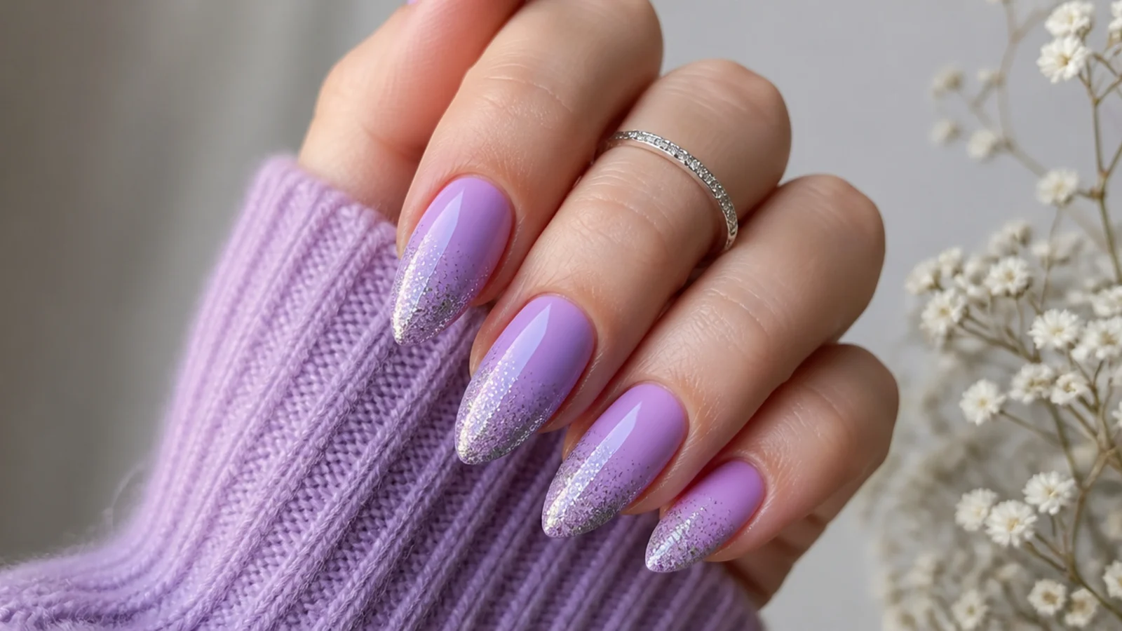 Light purple almond nails with sparkling silver glitter gradient tips