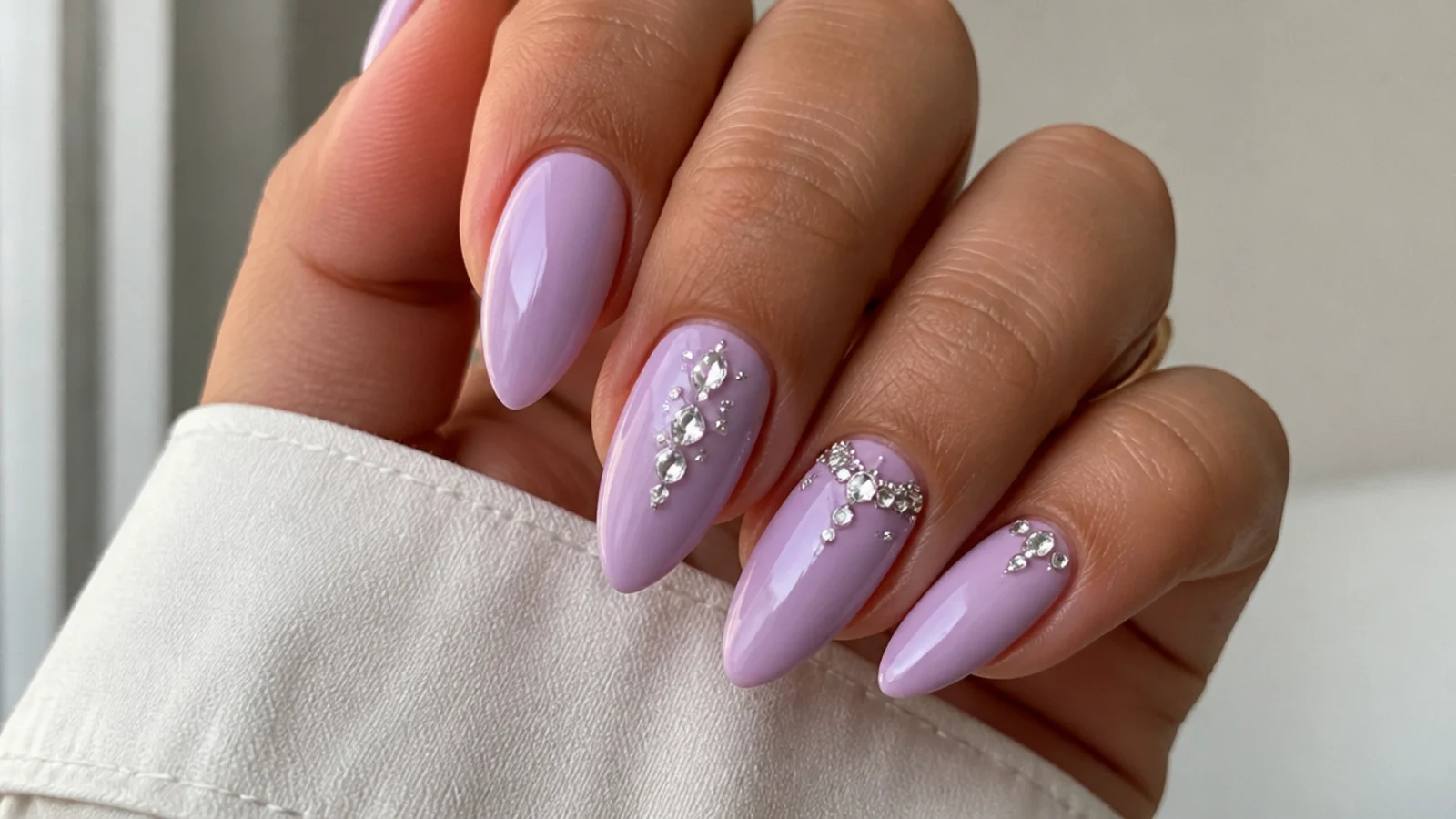 Light purple almond nails with clear crystal rhinestone accents