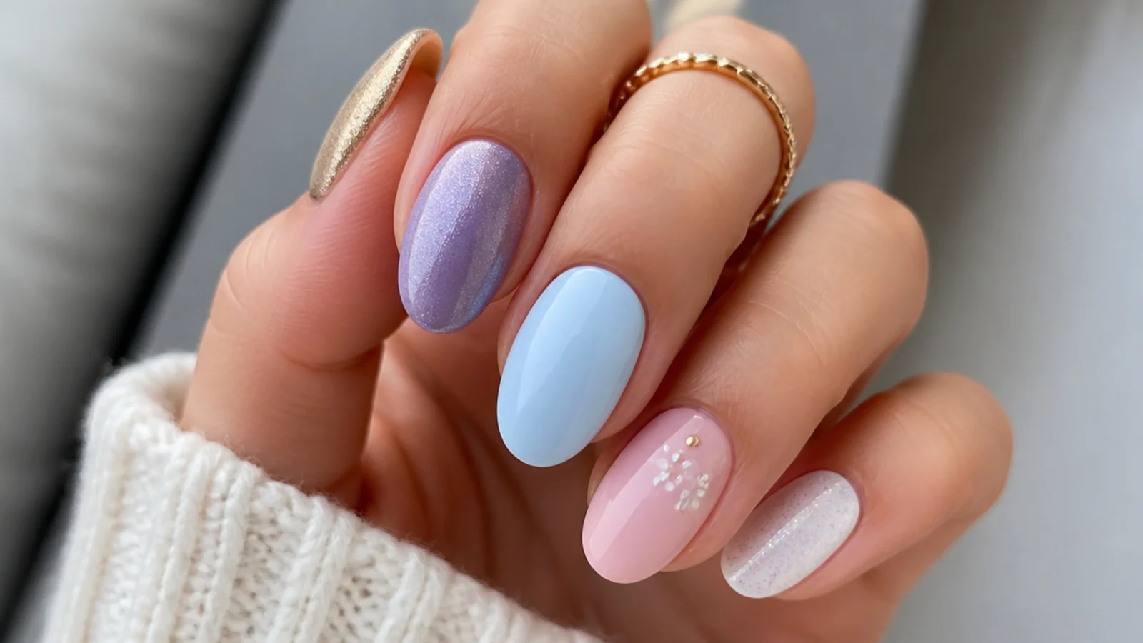 Light purple nails shown beside light blue, soft pink, white, silver and gold accents