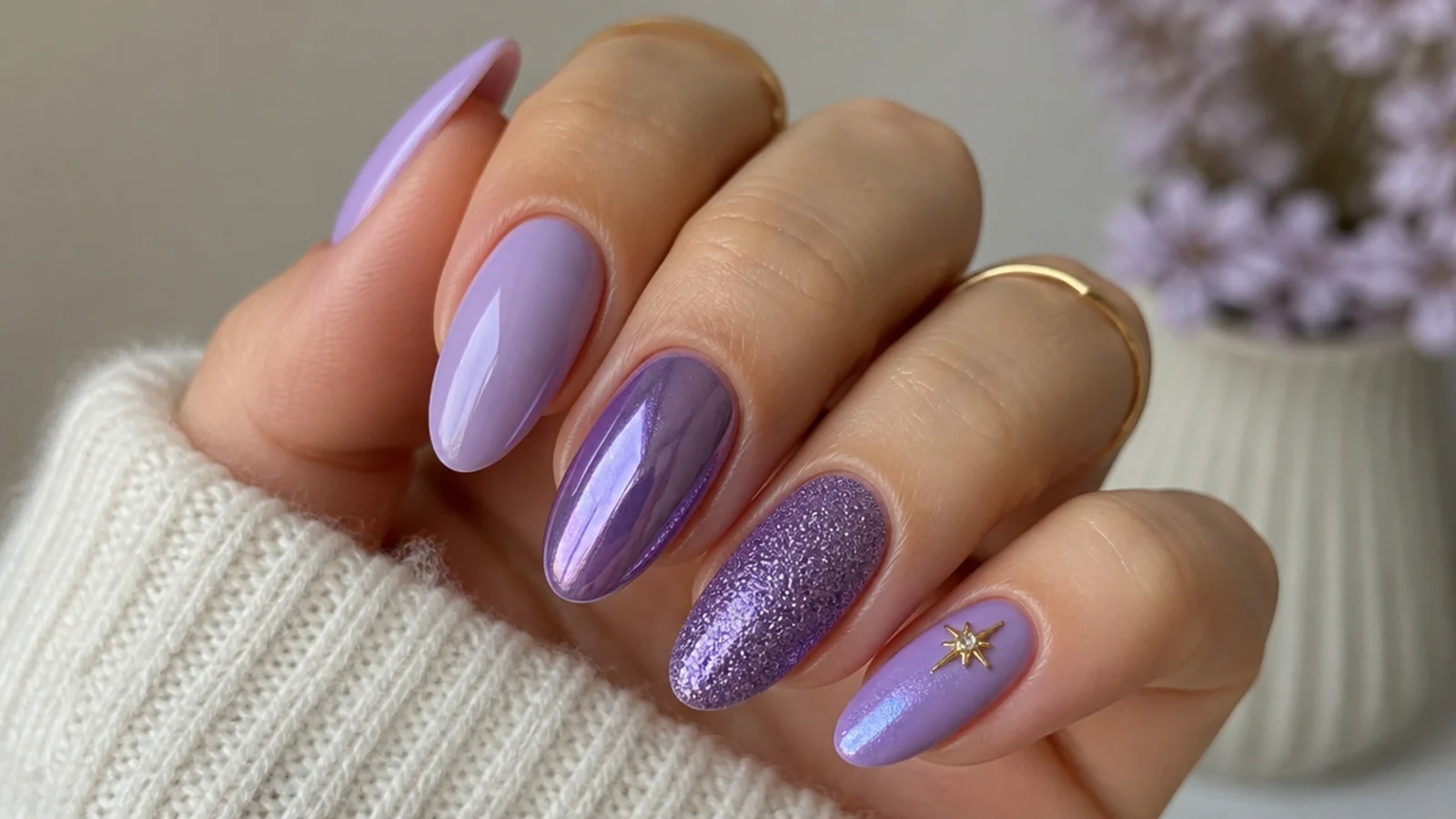 Light purple almond nails shown in milky, chrome, glitter, matte and cat-eye finishes