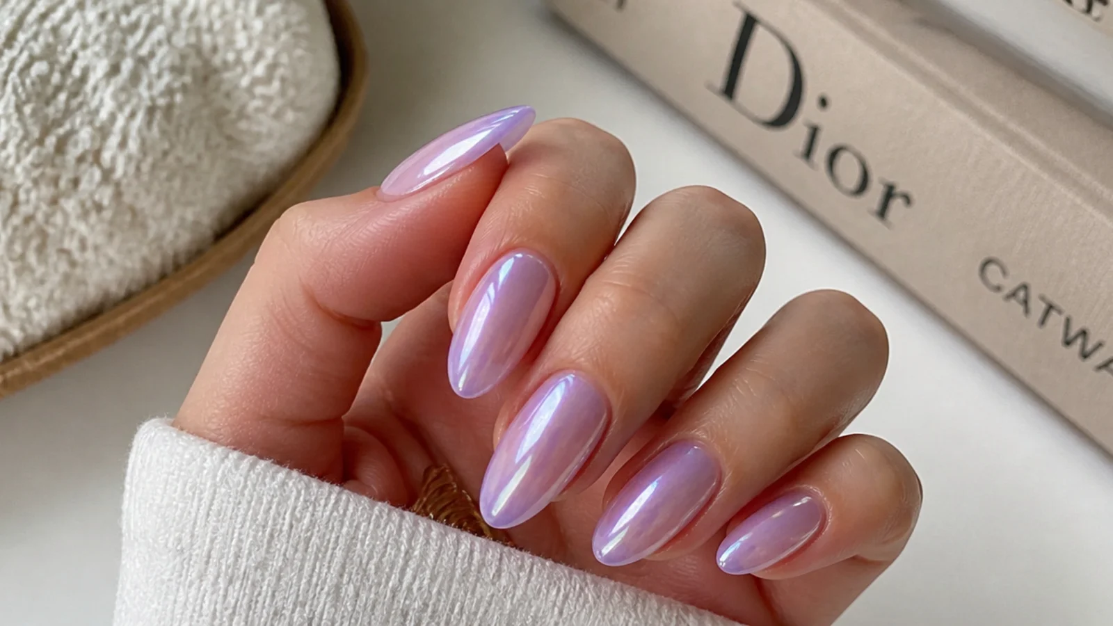 Milky light purple almond nails with a soft lilac glazed finish