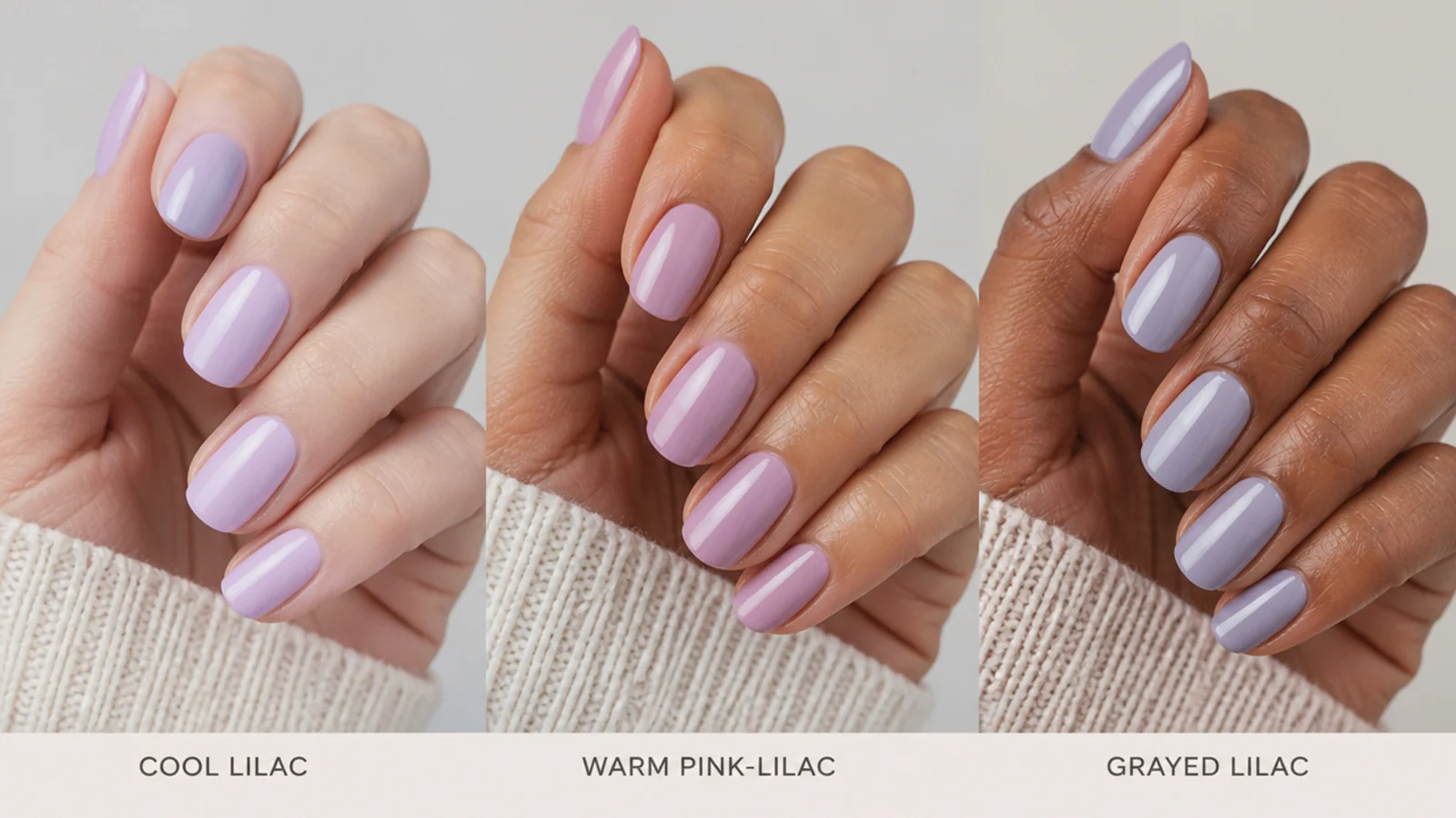 Three light purple swatches - cool lilac, warm pink-lilac and grayed lilac - on different skin tones