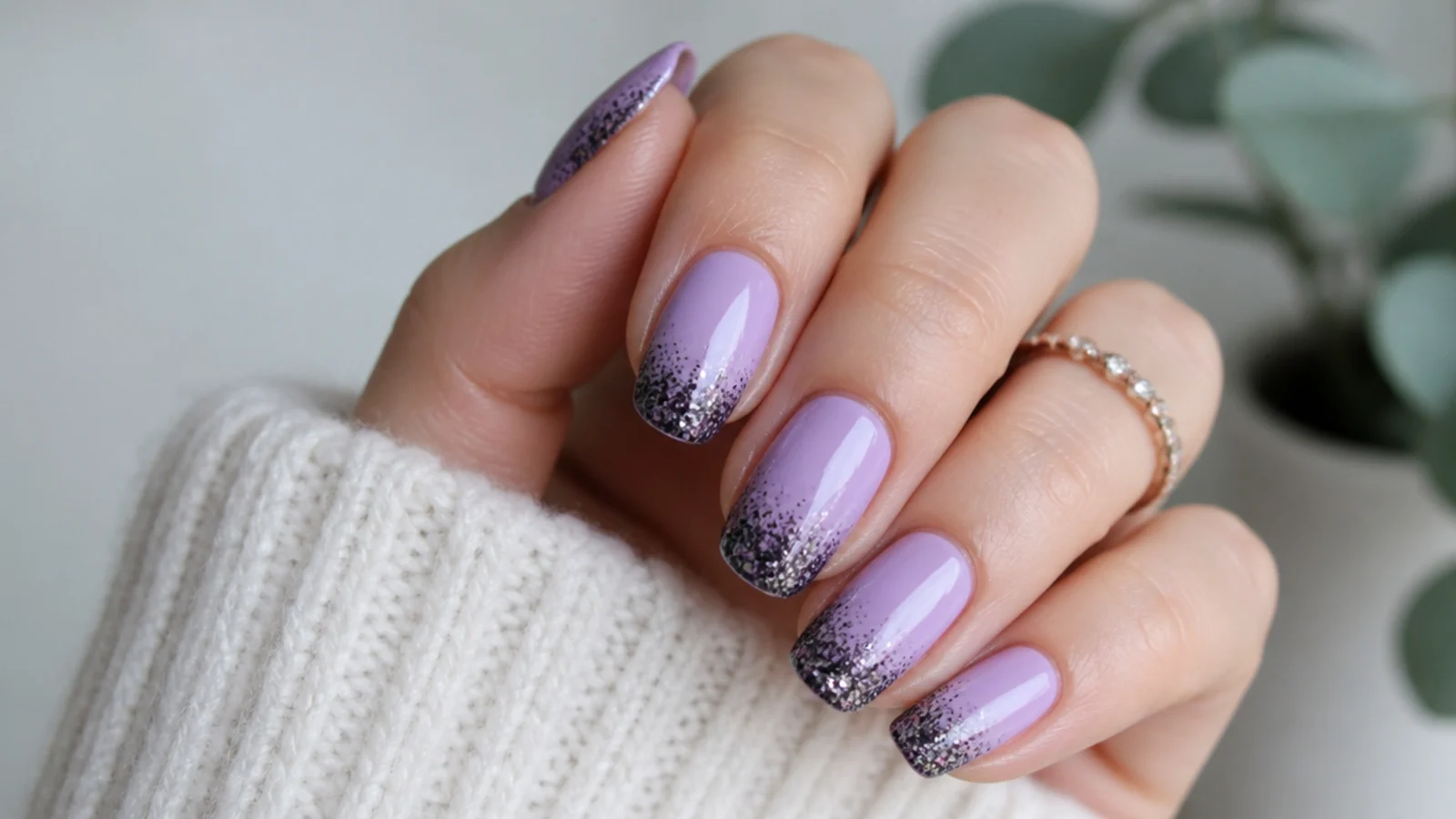 Pastel lilac nails with sparkly black glitter gradient tips