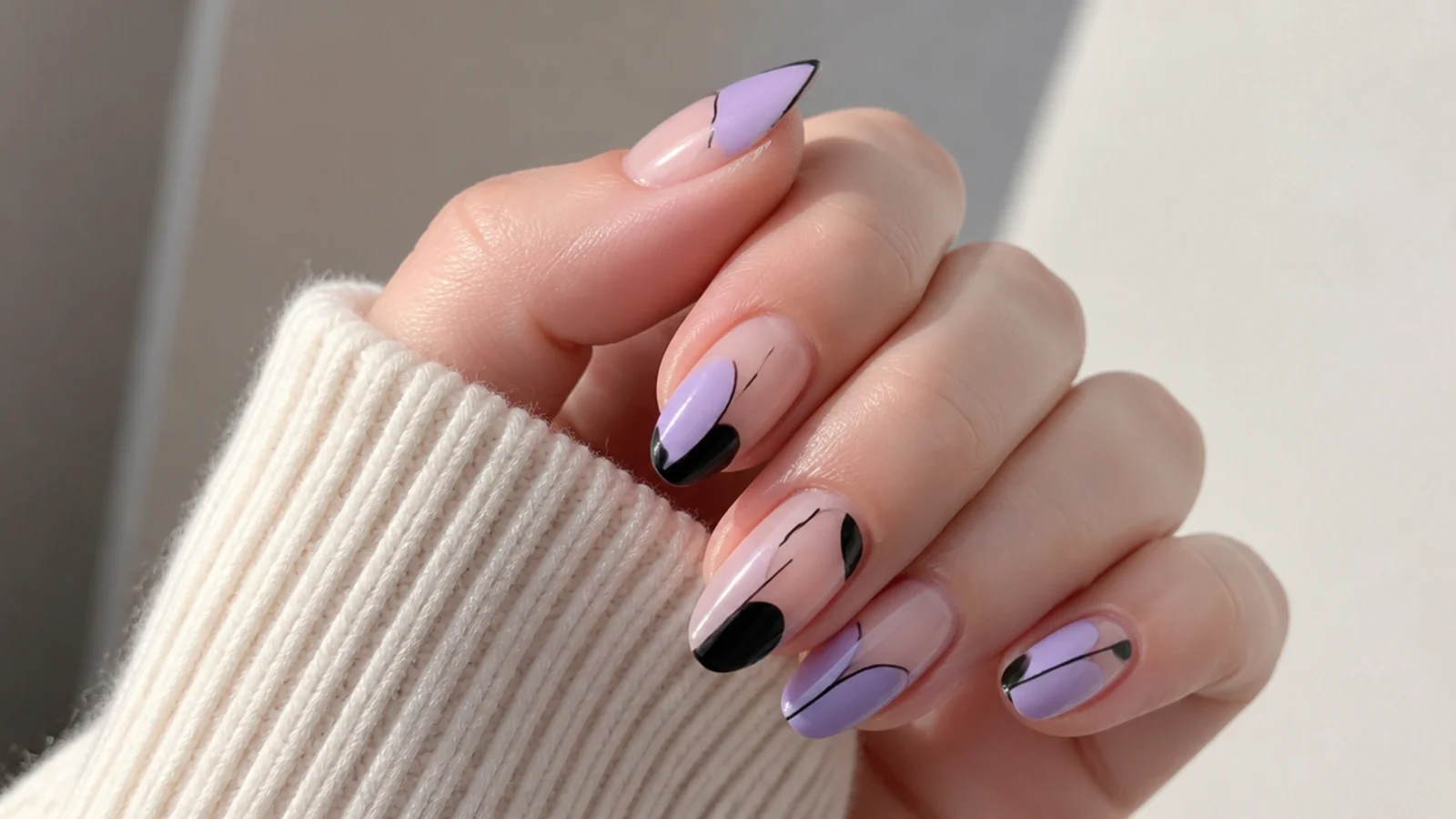 Clear nails with lilac and black geometric negative-space shapes