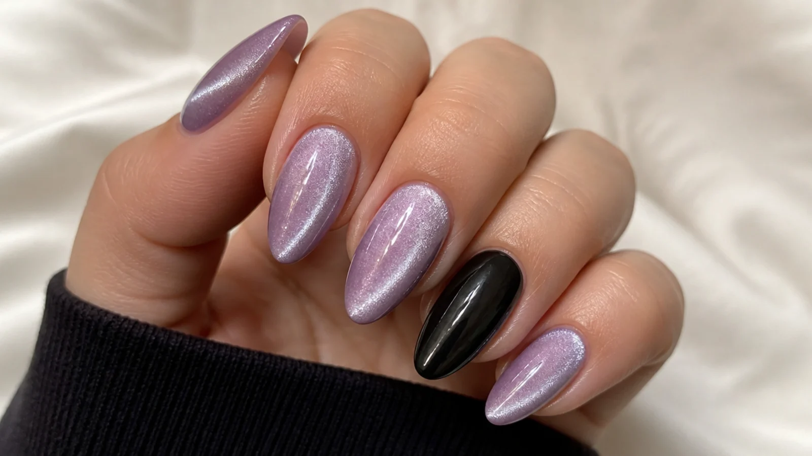 Shimmery lilac cat-eye nails with one solid black accent nail
