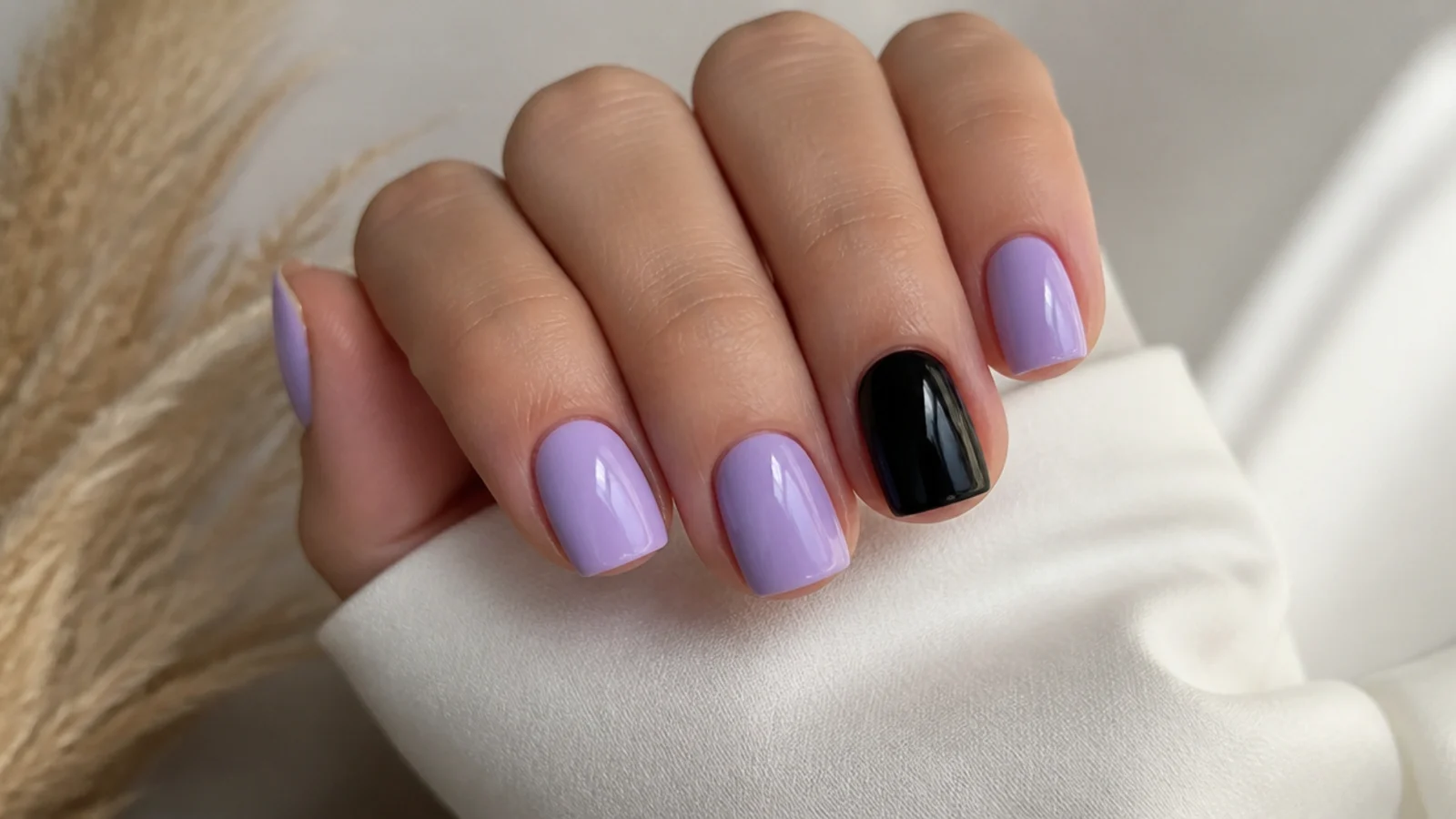 Short squoval lilac nails with a single glossy black accent nail