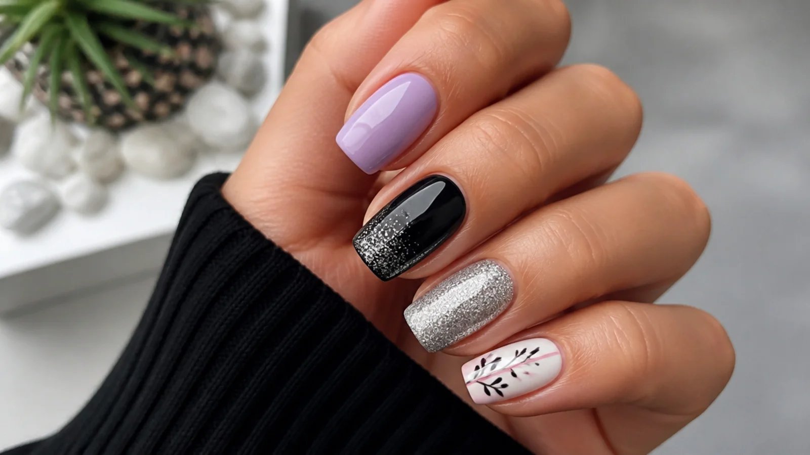 Light purple nail swatches paired with black, silver, white and soft pink