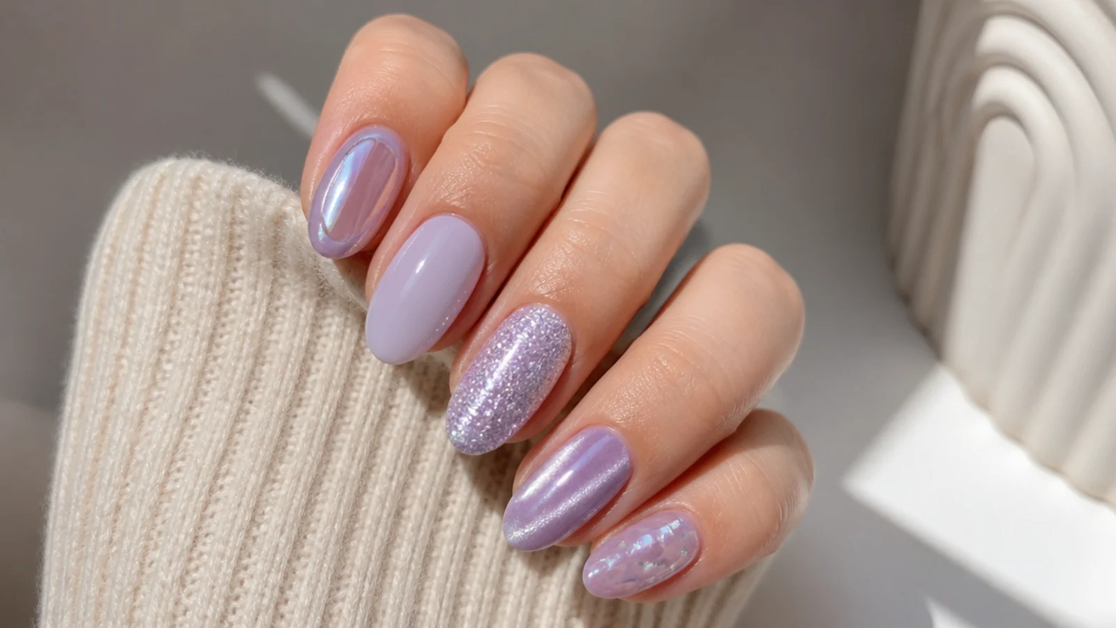 Light purple nails shown in chrome, milky, glitter and cat-eye finishes on almond shapes