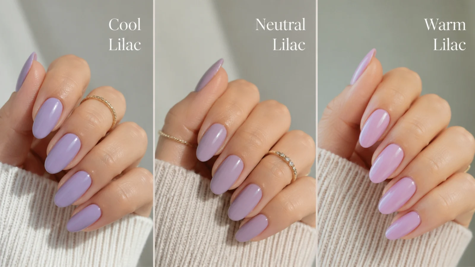 Three light purple gel swatches from cool lilac to warm pink-lilac on different hands
