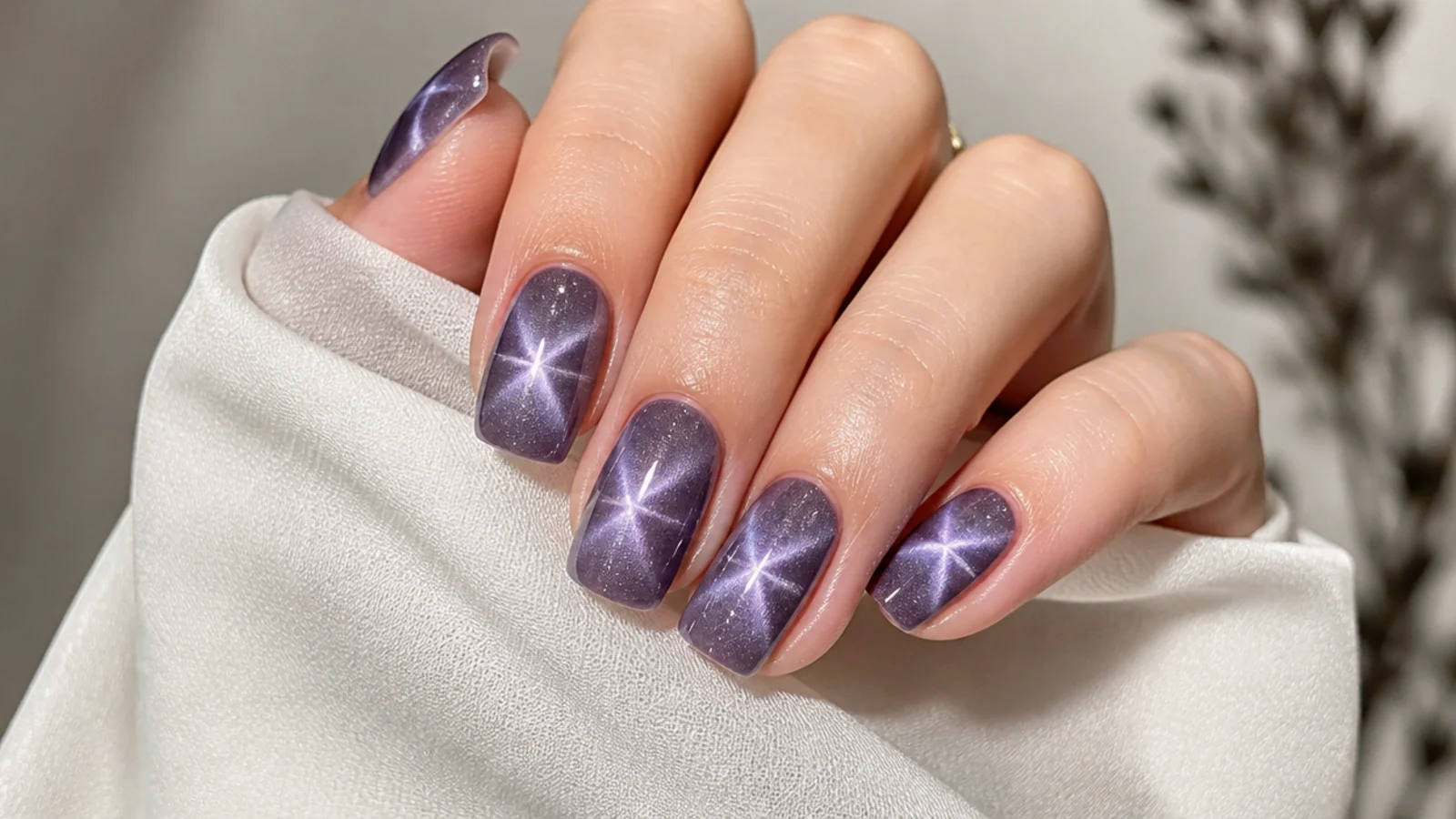 Light purple cat eye nails with two crossing magnetic beams forming an X