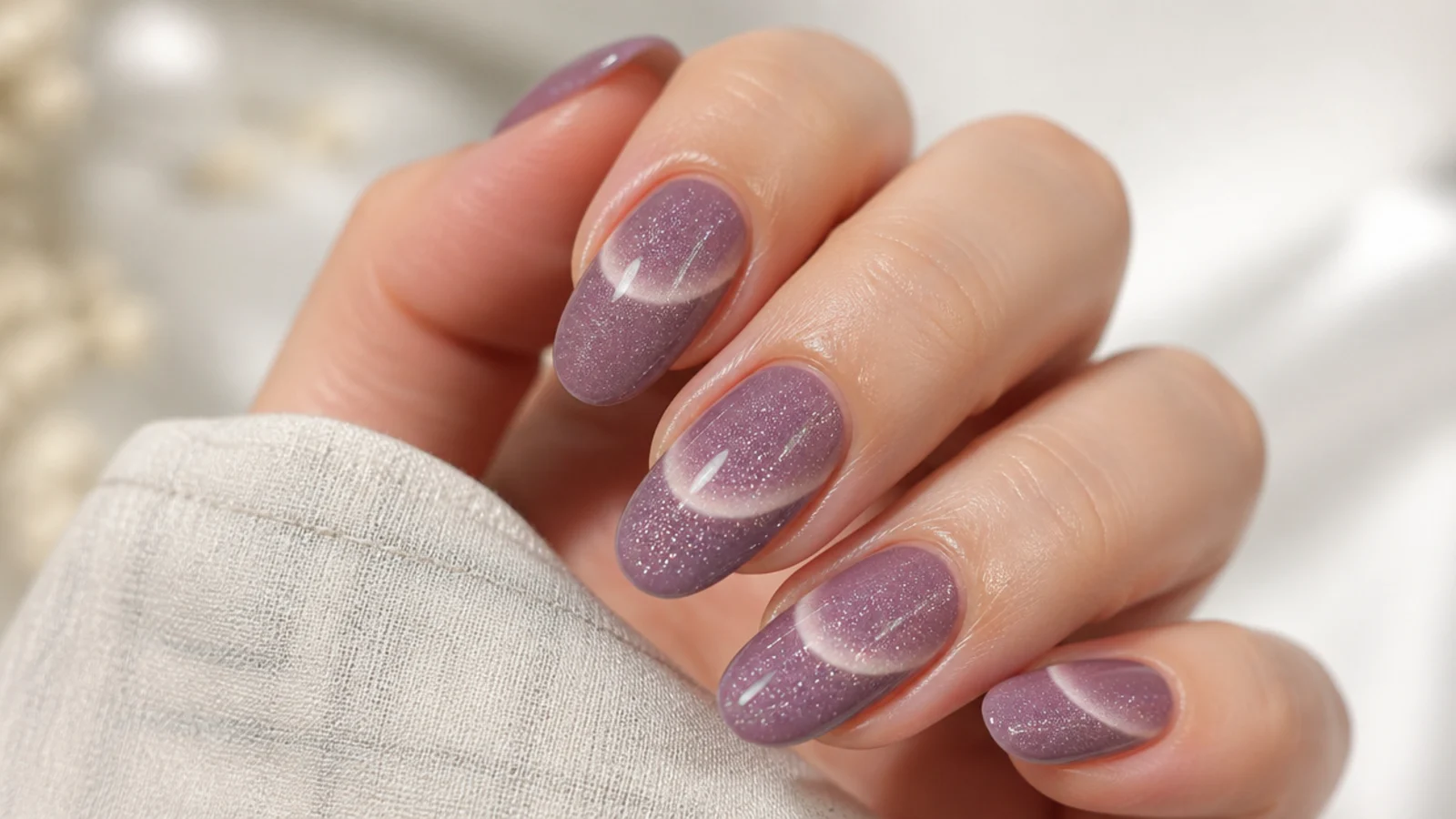Lavender cat eye nails with a curved crescent magnetic beam