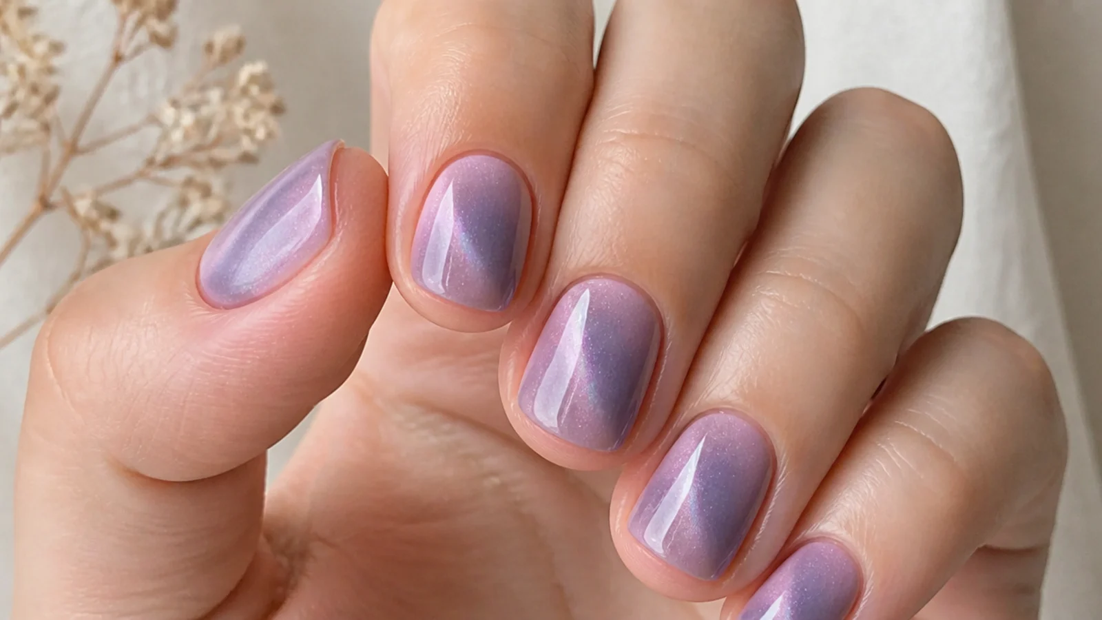 Milky light purple cat eye nails with a subtle soft beam on short nails