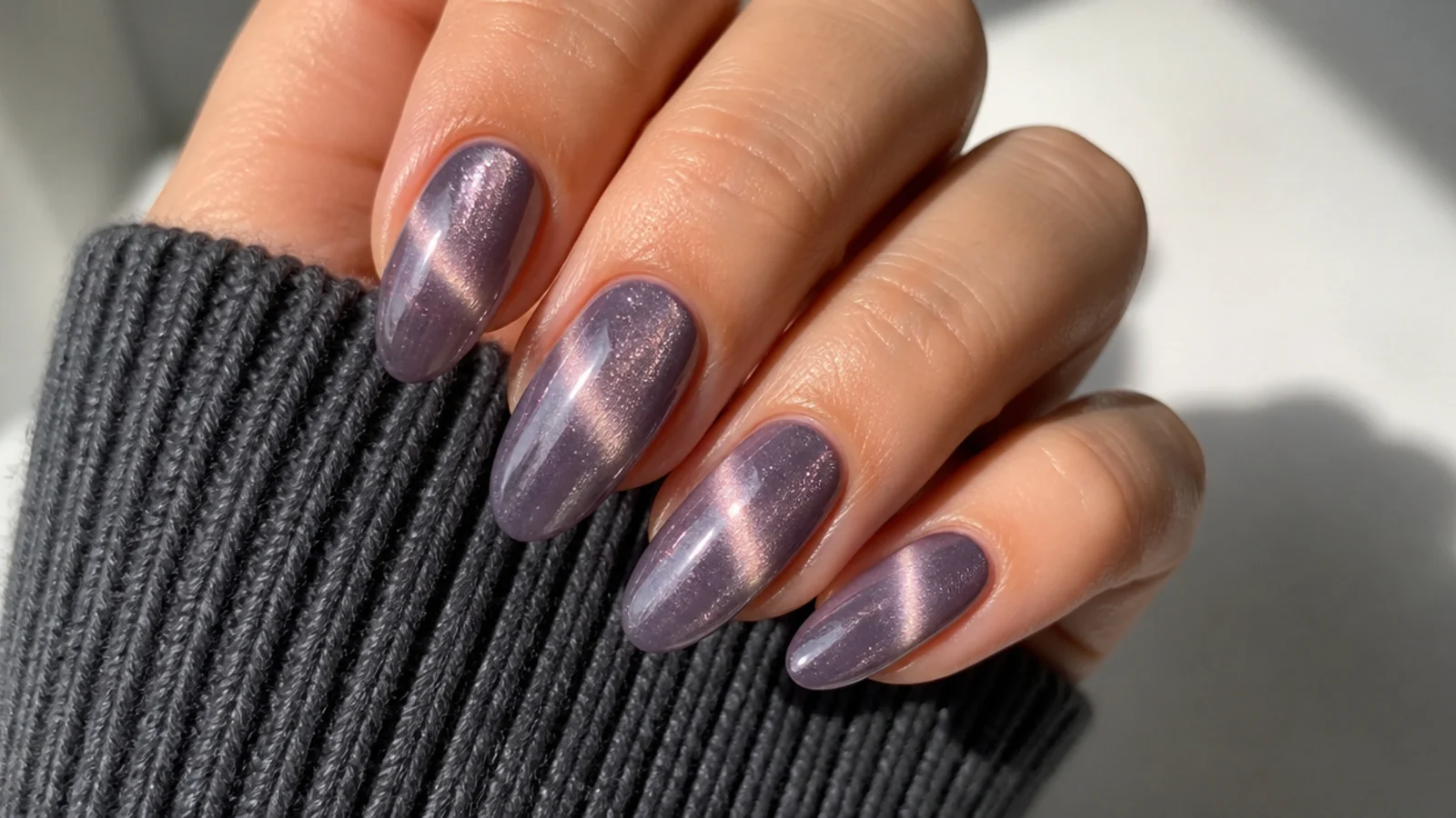 Grayed light purple cat eye nails with a smoky moody magnetic beam