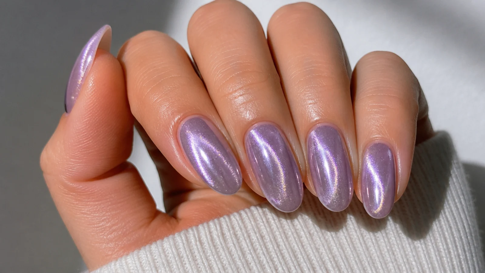 Light purple chrome cat eye nails with a high-shine mirror beam