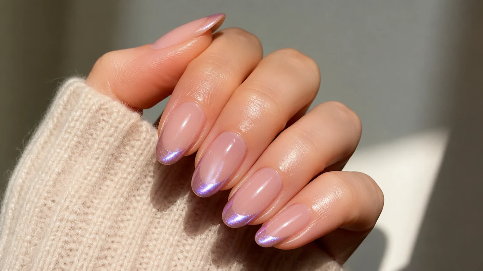 Nude nails with light purple cat eye french tips and a magnetic beam