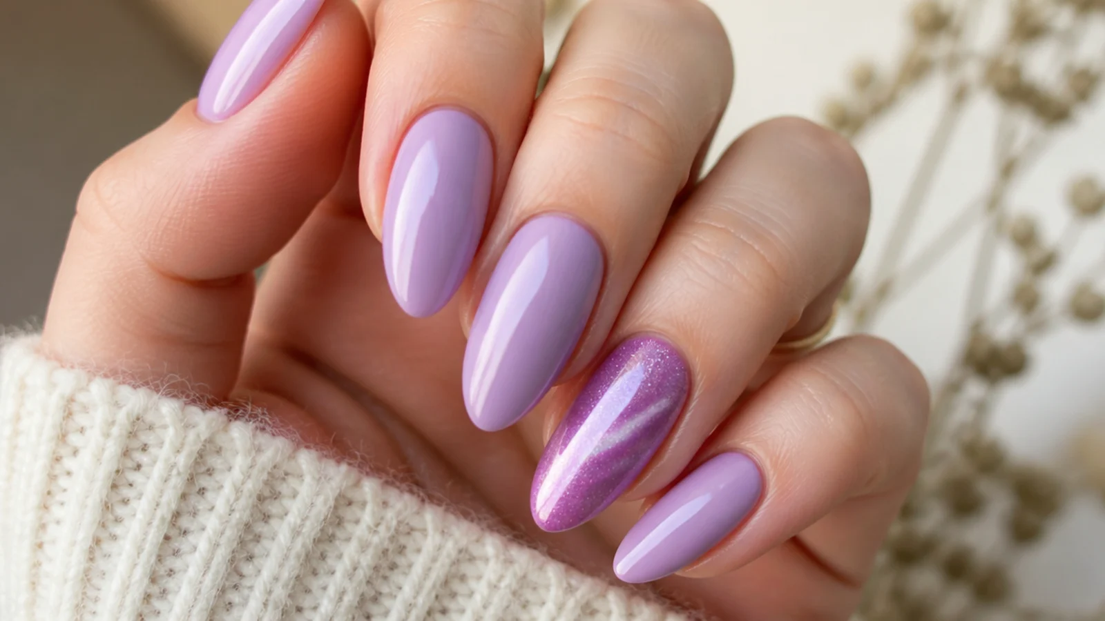 Solid light purple nails with one cat eye magnetic accent nail