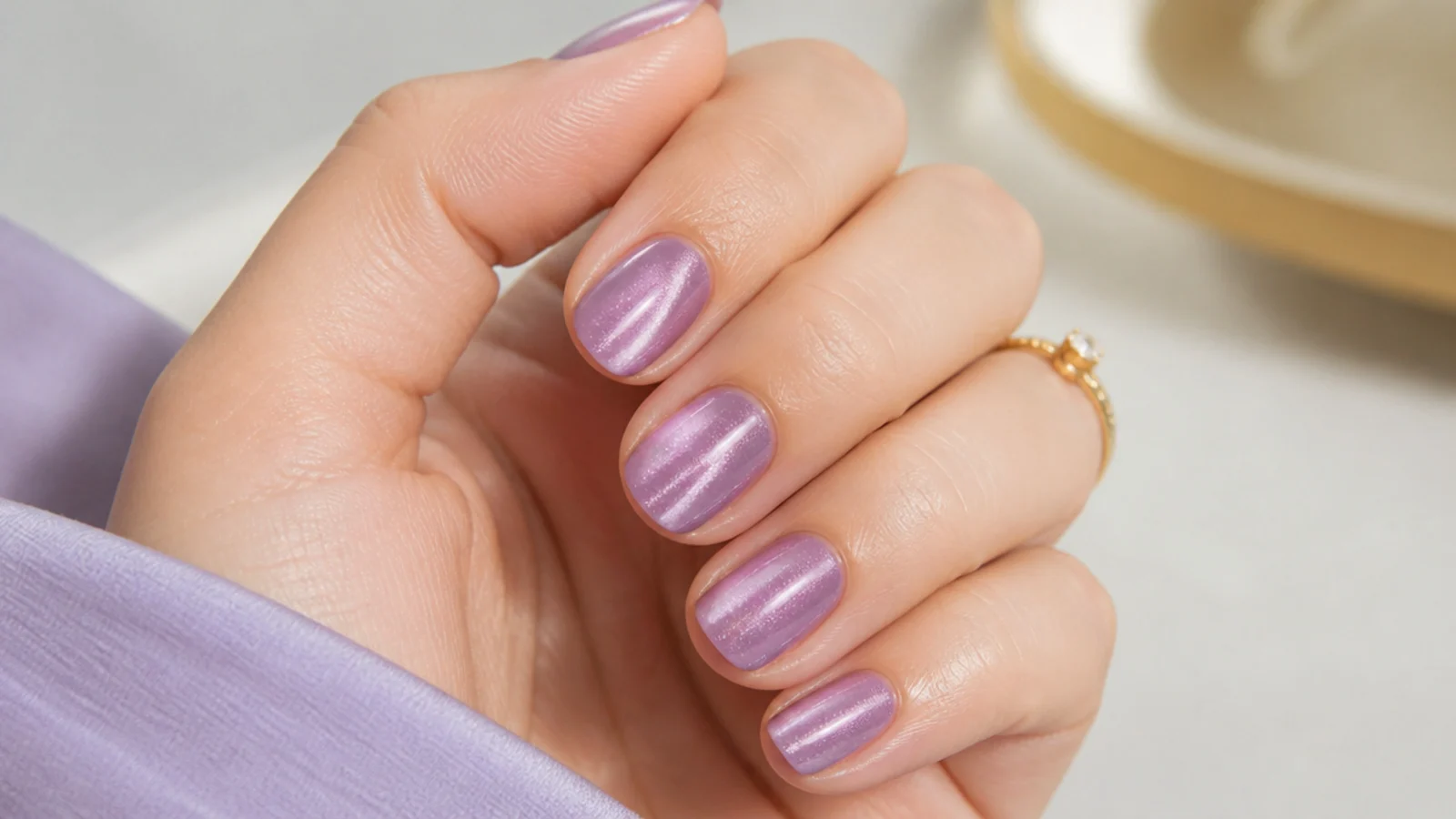 Short light purple cat eye nails with a neat central magnetic beam