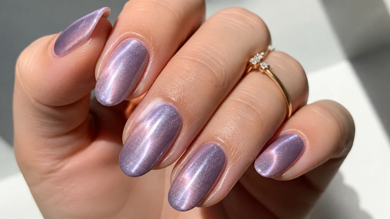 Soft velvet-effect lavender cat eye nails with a plush glowing beam