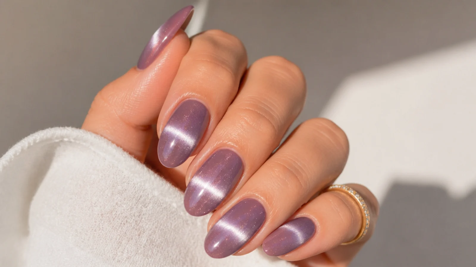 Deep light purple cat eye nails with a wide bright horizontal spotlight beam