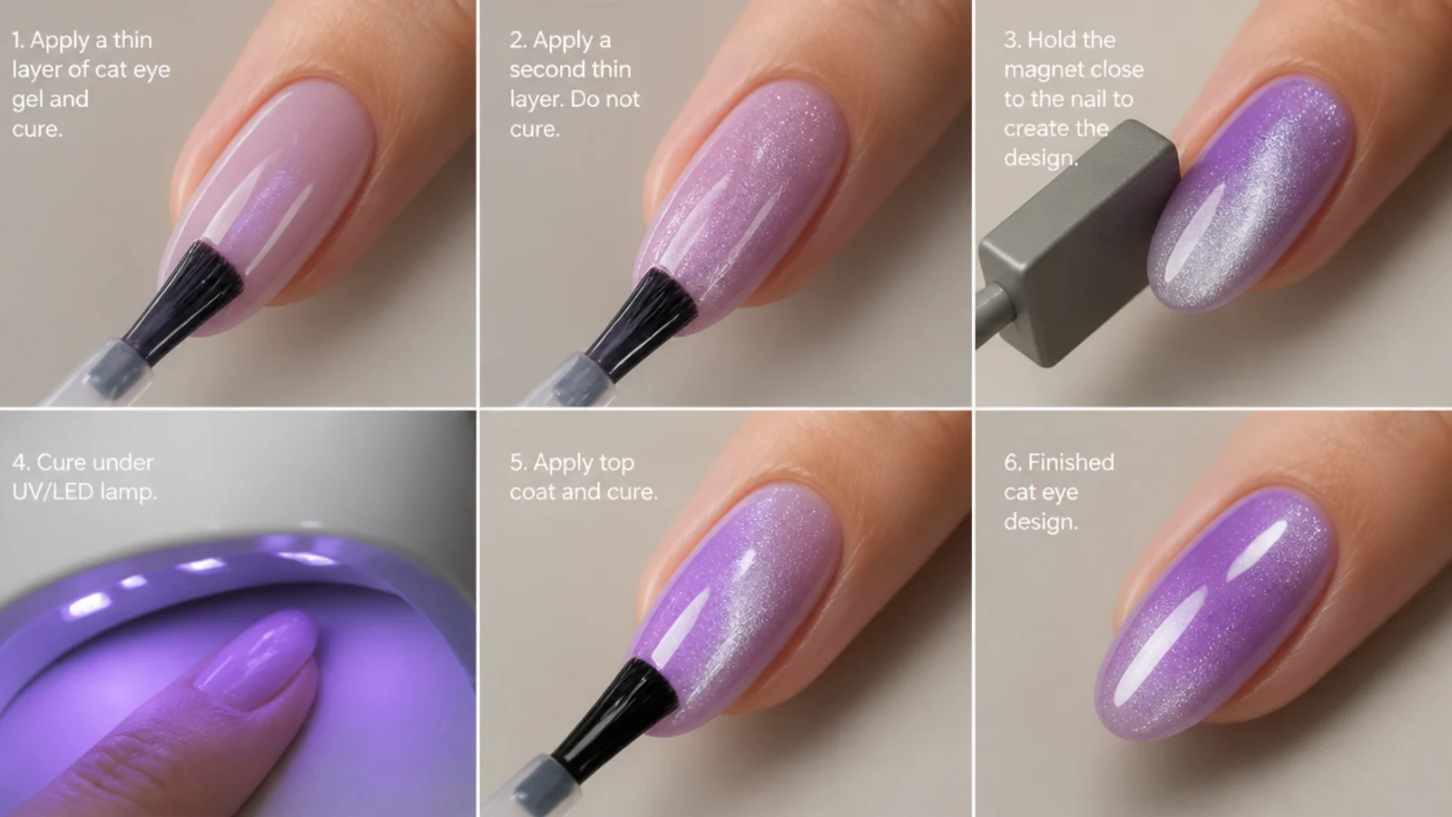 Building a light purple cat eye in thin gel layers with a magnet and lamp