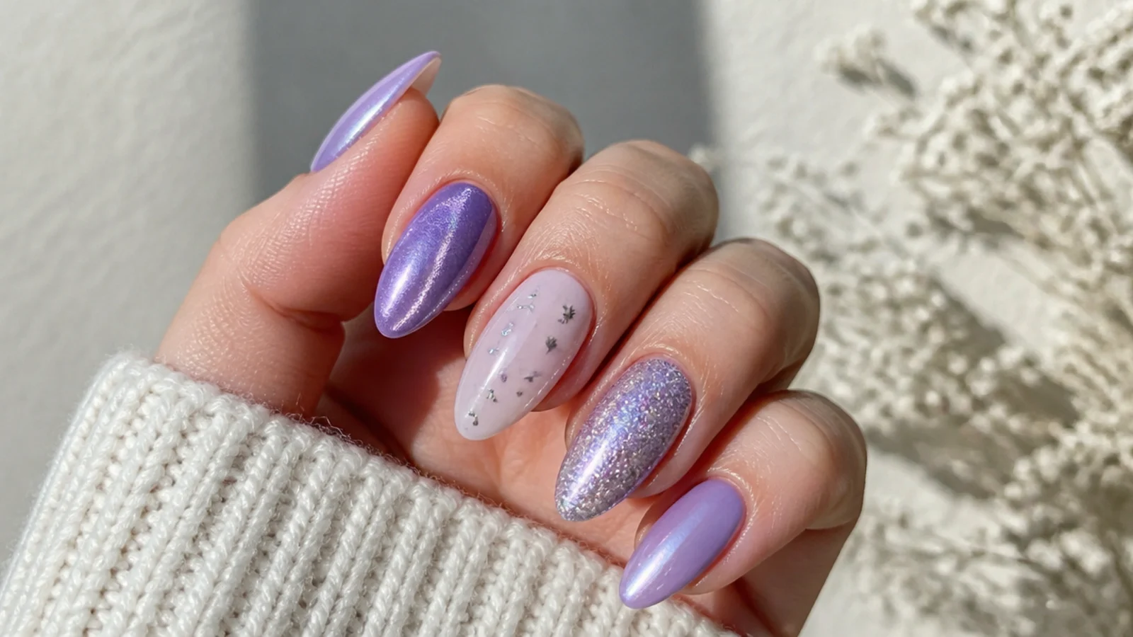 Light purple nails in chrome, milky, glitter and cat eye finishes on almond shapes