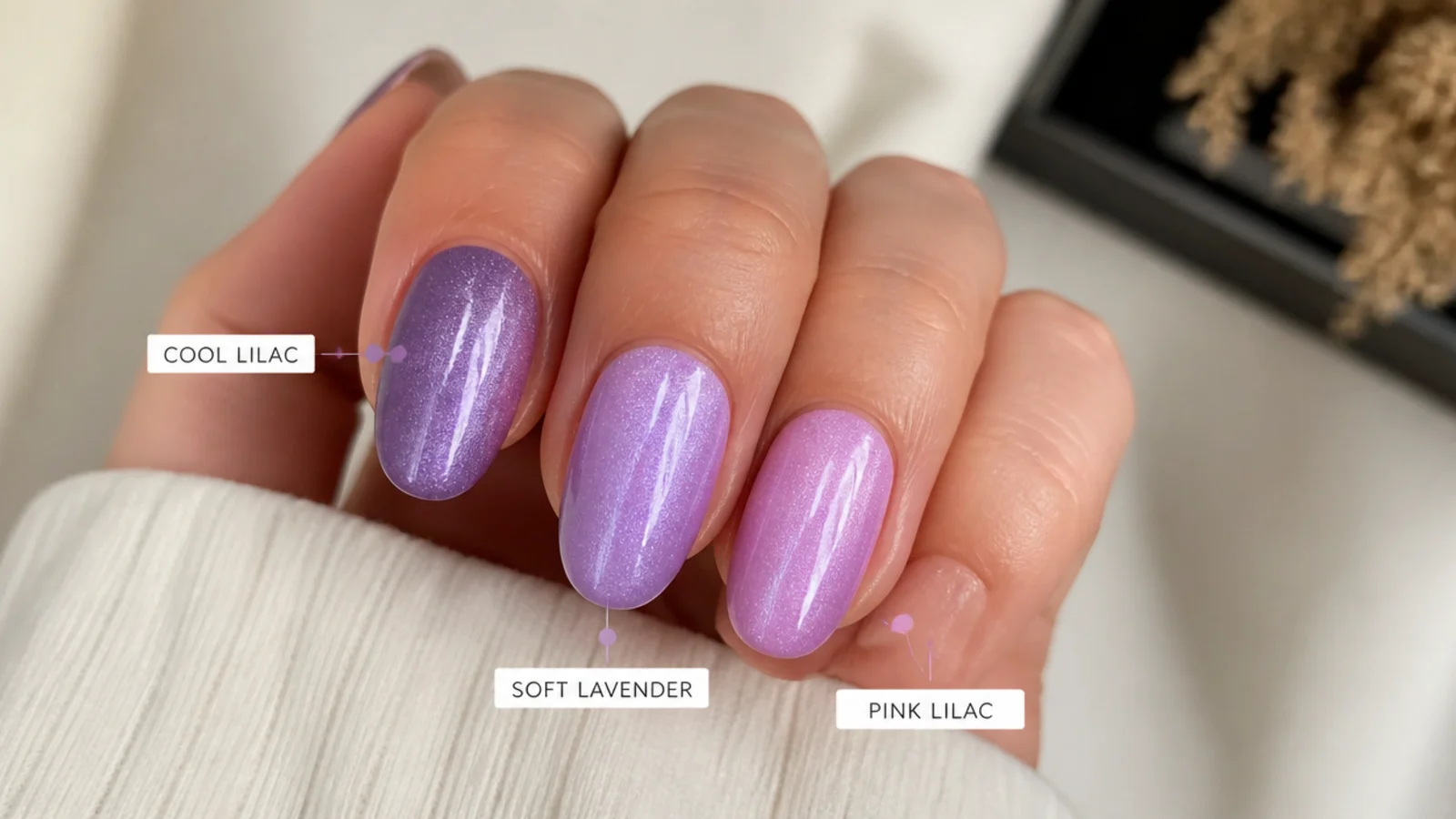 Three light purple cat eye swatches from cool lilac to warm pink-lilac