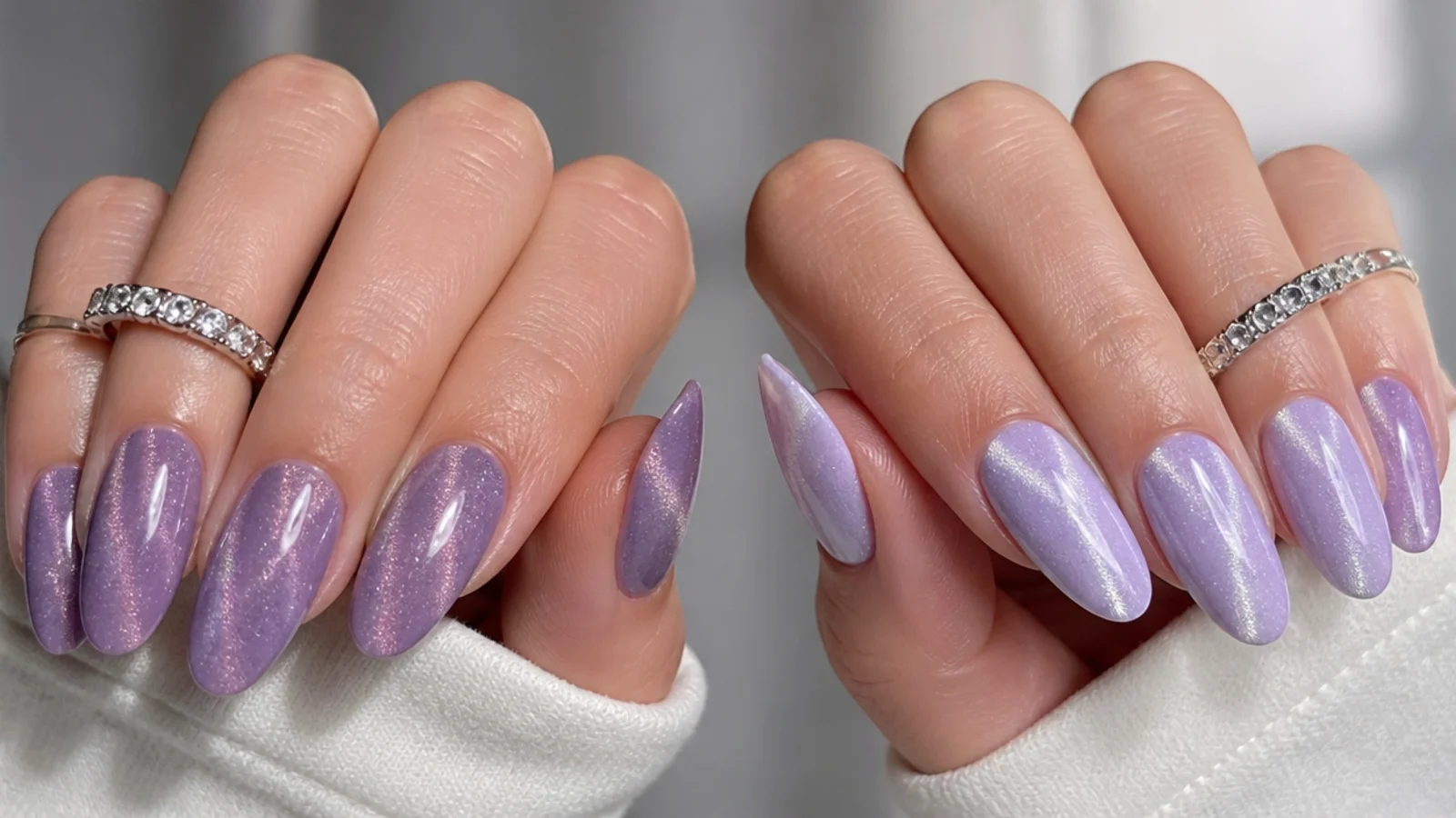 Light purple and lavender cat eye nails side by side showing the shade difference