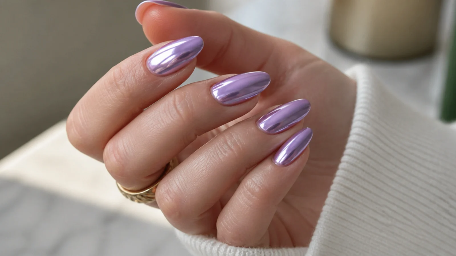Reflective lilac mirror chrome nails on an almond shape