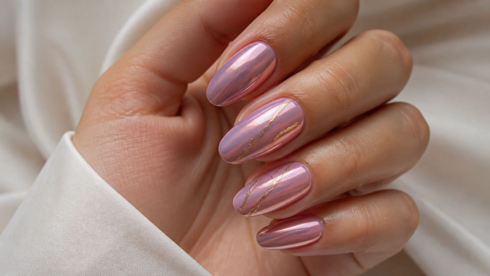 Warm pink-lilac chrome nails with a soft rosy mirror sheen