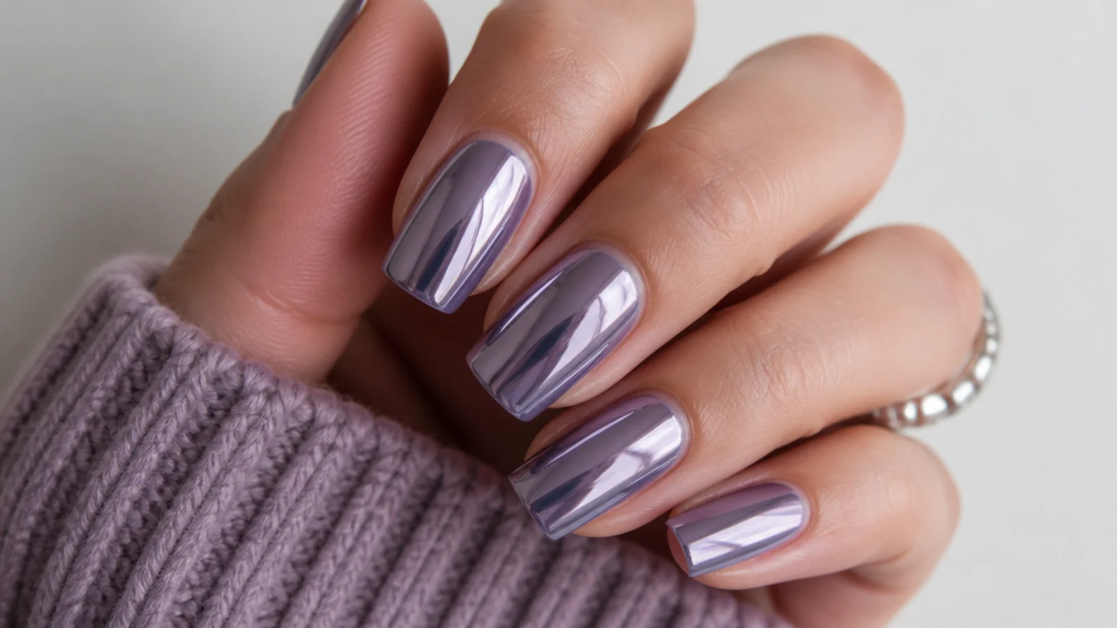 Muted grayed-lilac chrome nails with a modern smoky mirror finish
