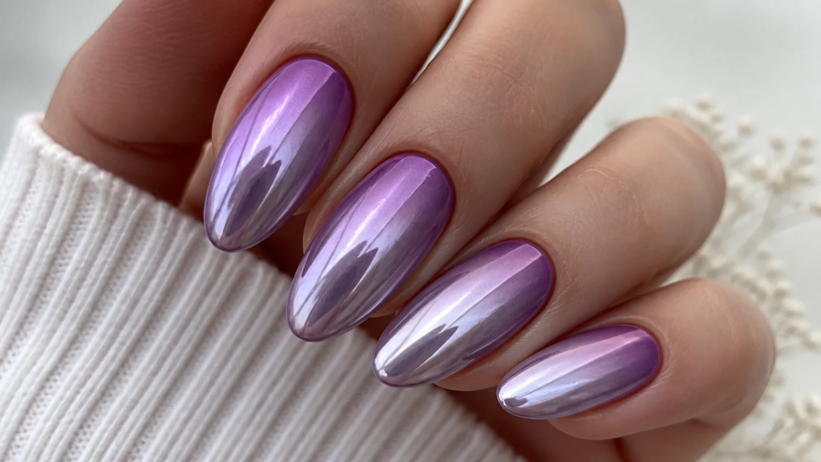 Lilac chrome nails fading from deeper purple to pale lilac mirror