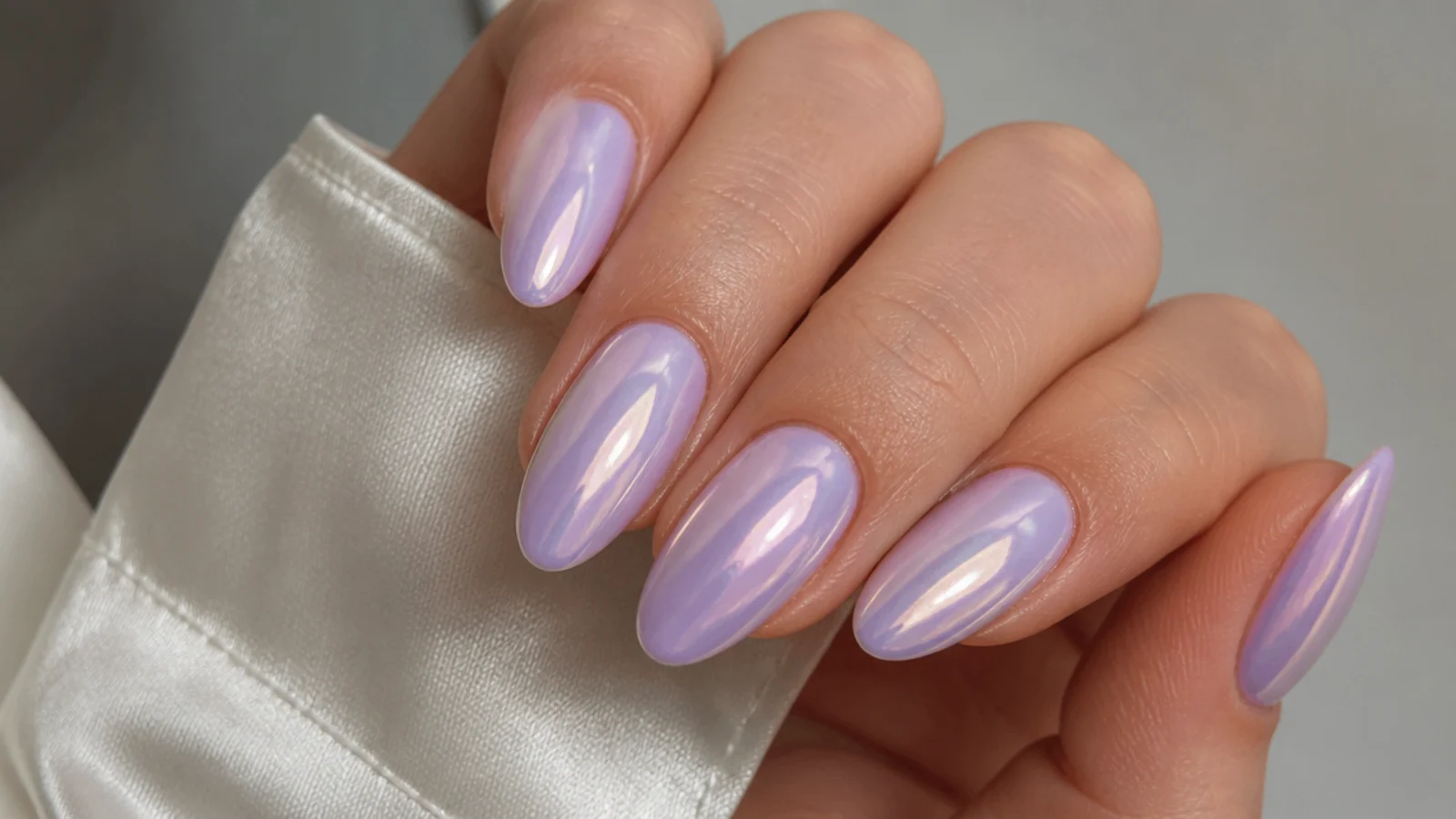 Milky lilac chrome nails with a soft translucent mirror sheen