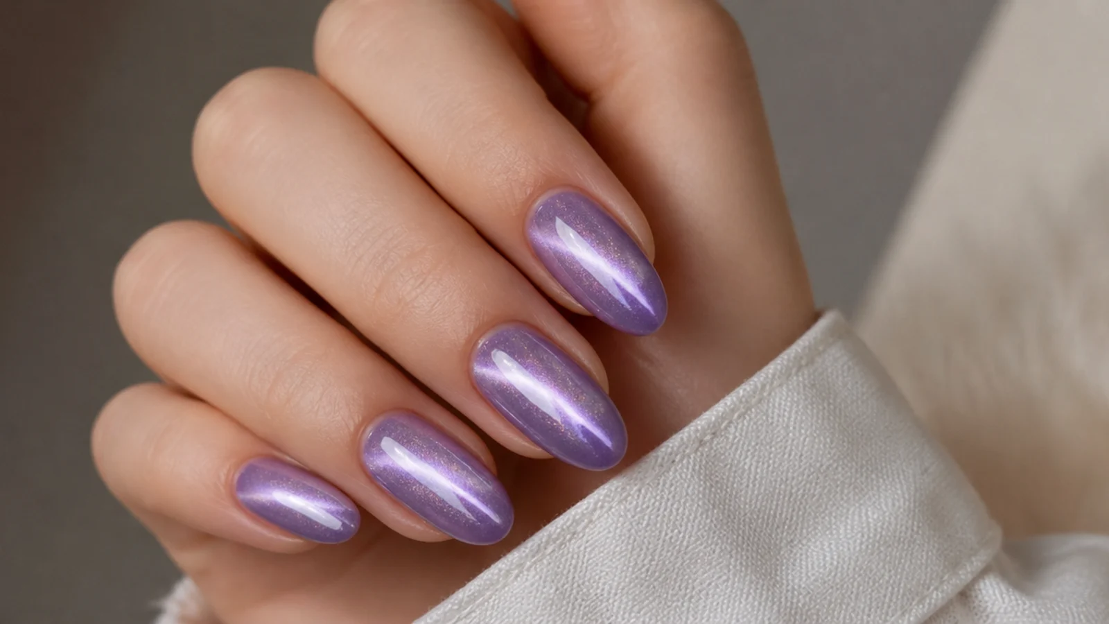 Lilac magnetic cat-eye nails with a bright chrome light strip