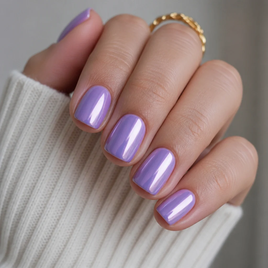Short squoval lilac chrome nails with a neat mirror finish