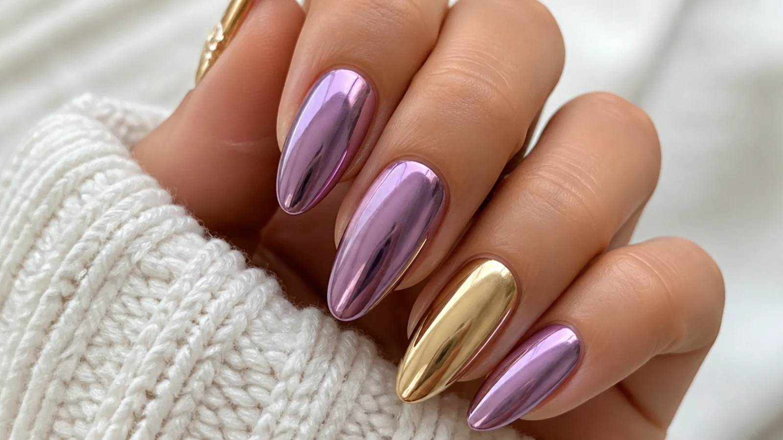 Warm lilac chrome nails with one gold mirror accent nail